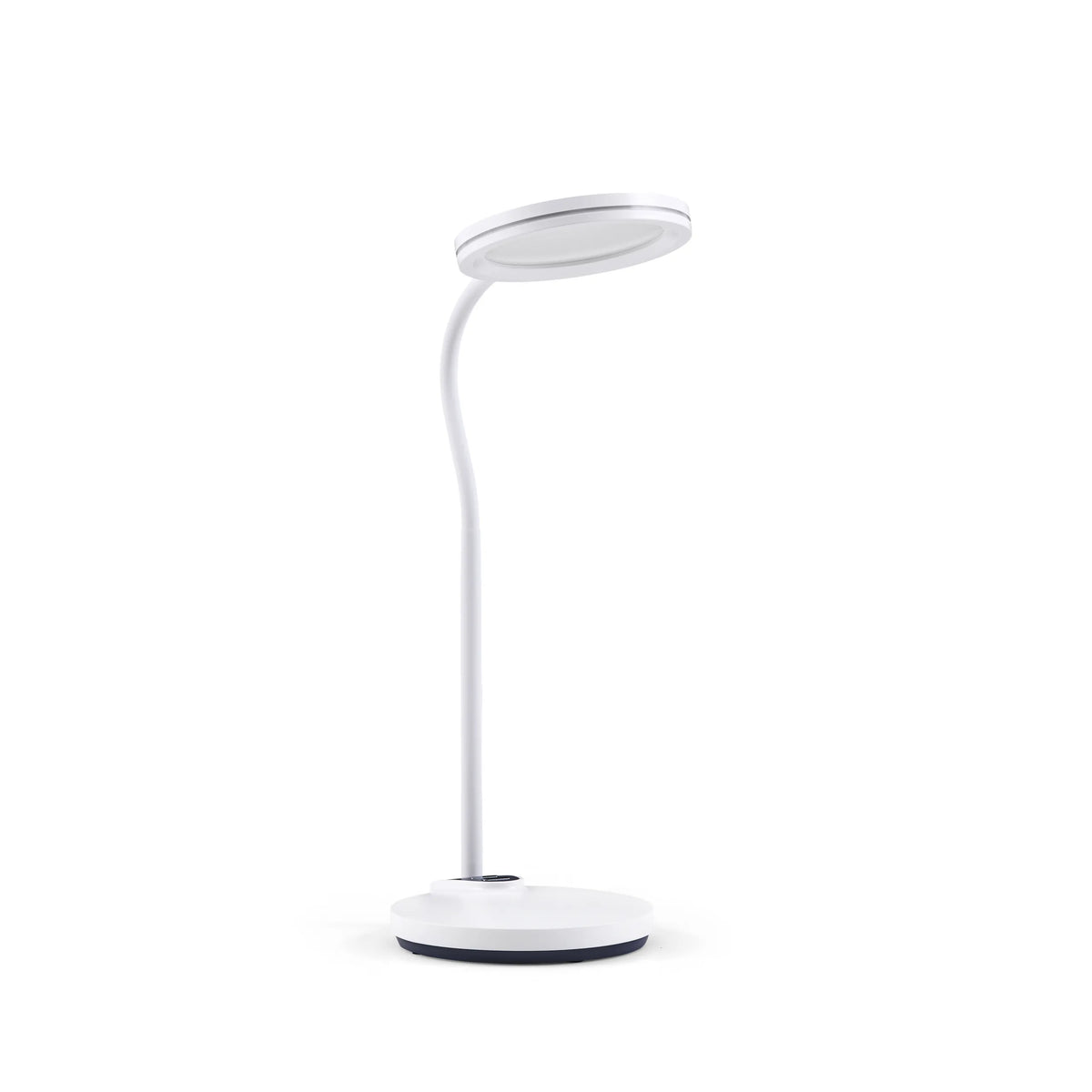 Lampe de bureau Lumanova D5 blanche avec un pied rond et une tête de lampe plate et circulaire de hjh OFFICE – vue à 360° (vue de face 0°)