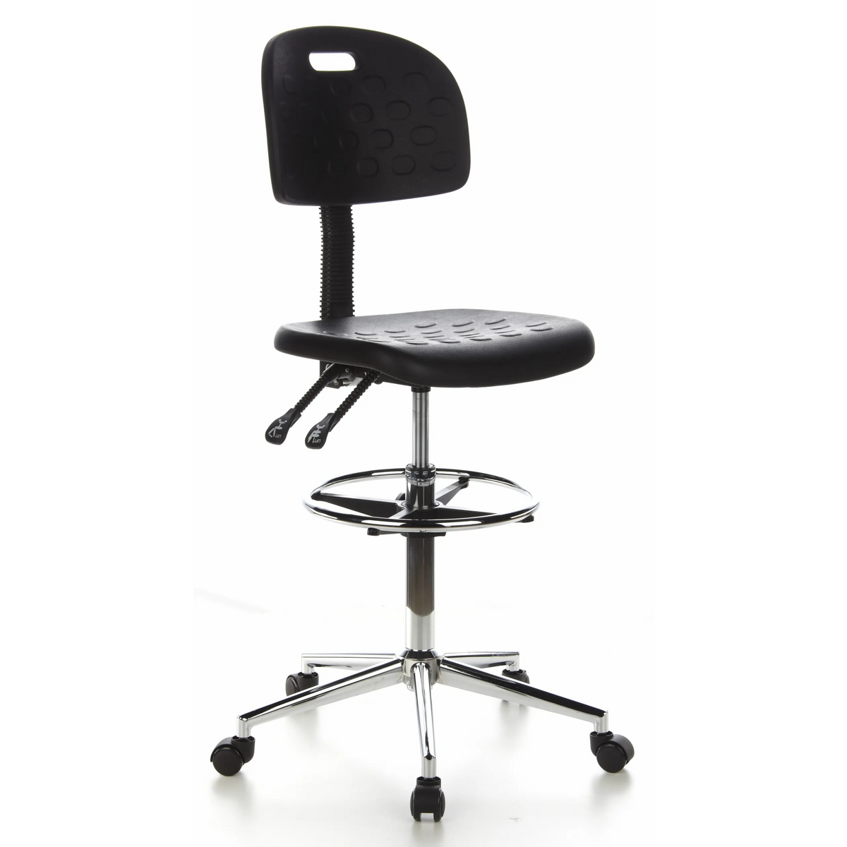 Chaise de comptoir noire TOP WORK 23 avec repose-pieds et piètement à cinq roulettes de hjh OFFICE – vue à 360° (vue de trois quarts avant 40°)