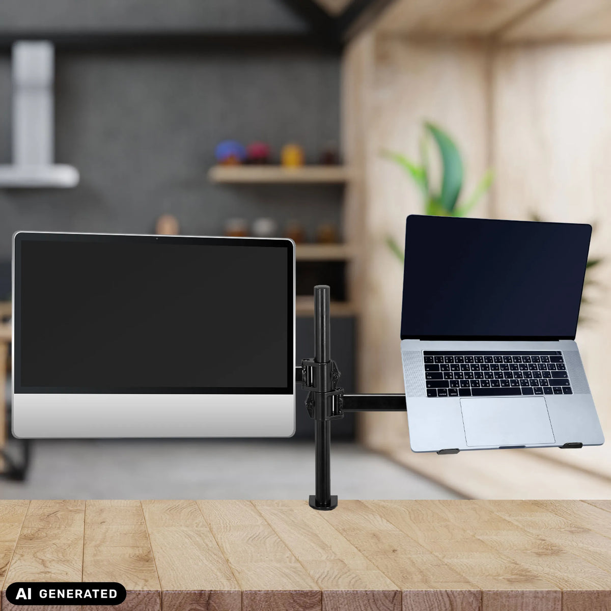 Fixation pour écran VM-MH2 noire avec un écran et un ordinateur portable sur une table en bois de hjh OFFICE (image générée par IA)