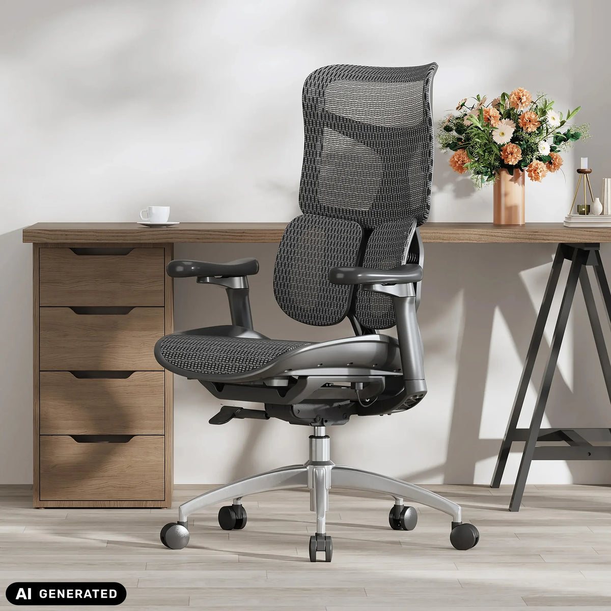 Siège de bureau de qualité professionnelle S100-M301 en noir avec dossier en maille et accoudoirs réglables de Sihoo (image générée par IA)