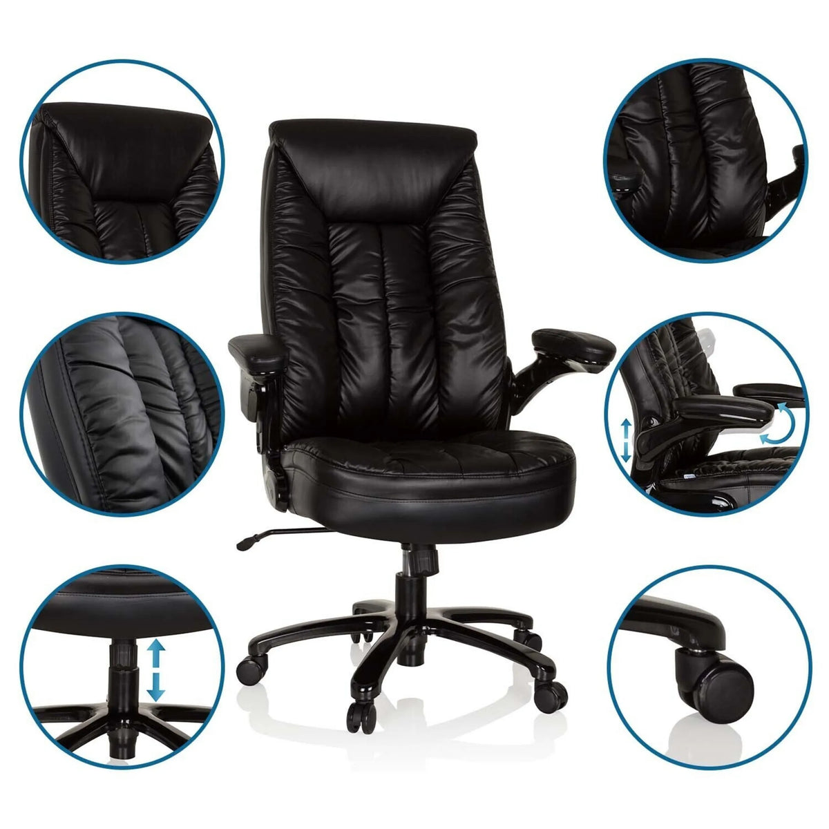 Schwarzer XXL Drehstuhl INSTRUCTOR III aus Leder mit verstellbaren Armlehnen und Gasfeder von hjh OFFICE