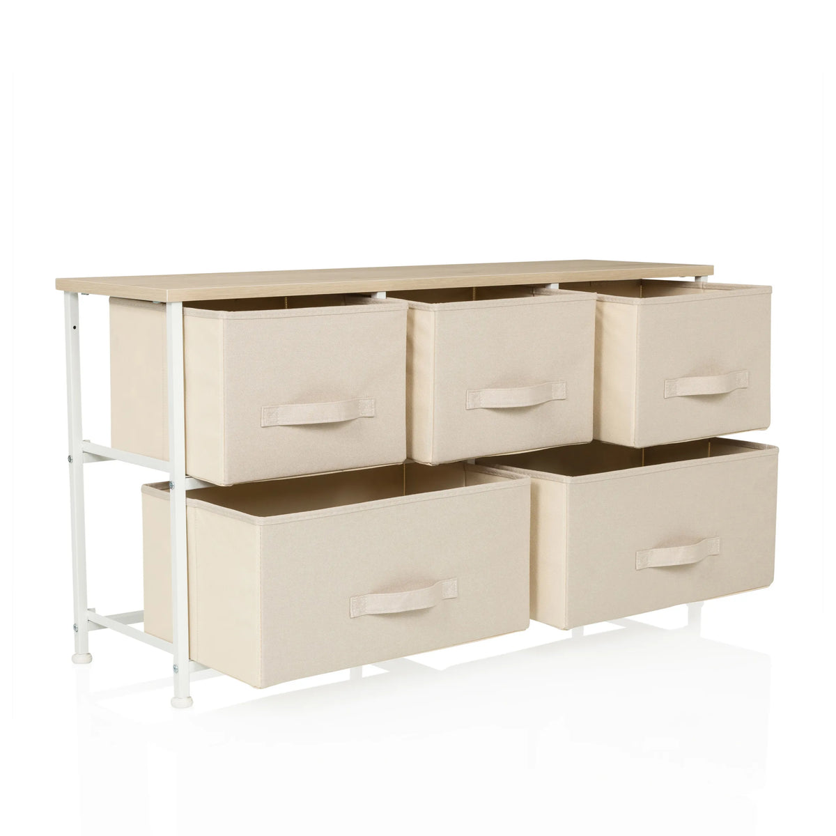 Commode beige FOLDAR avec cinq tiroirs en tissu et structure métallique blanche de hjh LIVING