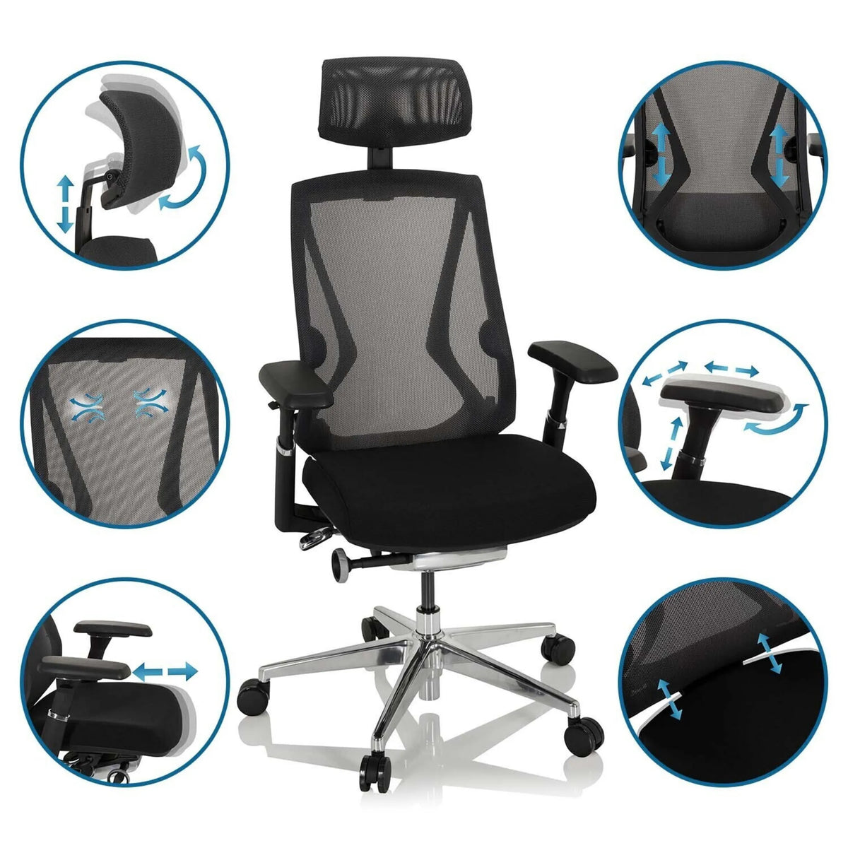 Siège de bureau haut de gamme INSPERO en noir avec accoudoirs et appui-tête réglables de hjh OFFICE