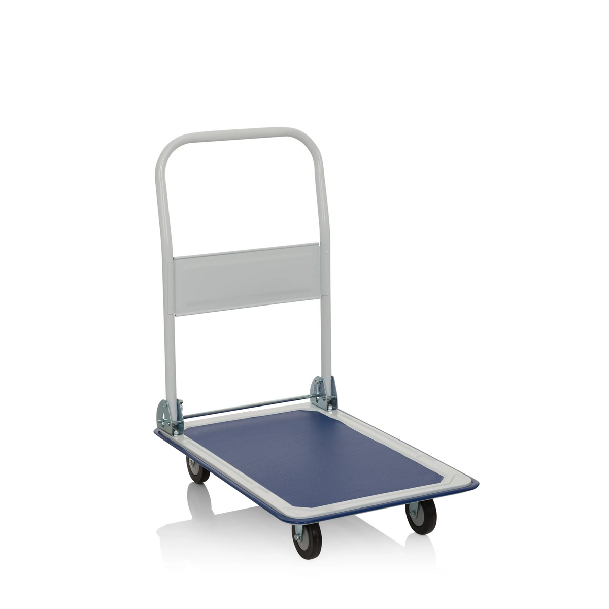 Chariot à plateforme CARRY bleu et blanc avec poignée pliable et quatre roulettes de hjh OFFICE – vue à 360° (vue de trois quarts avant 40°)