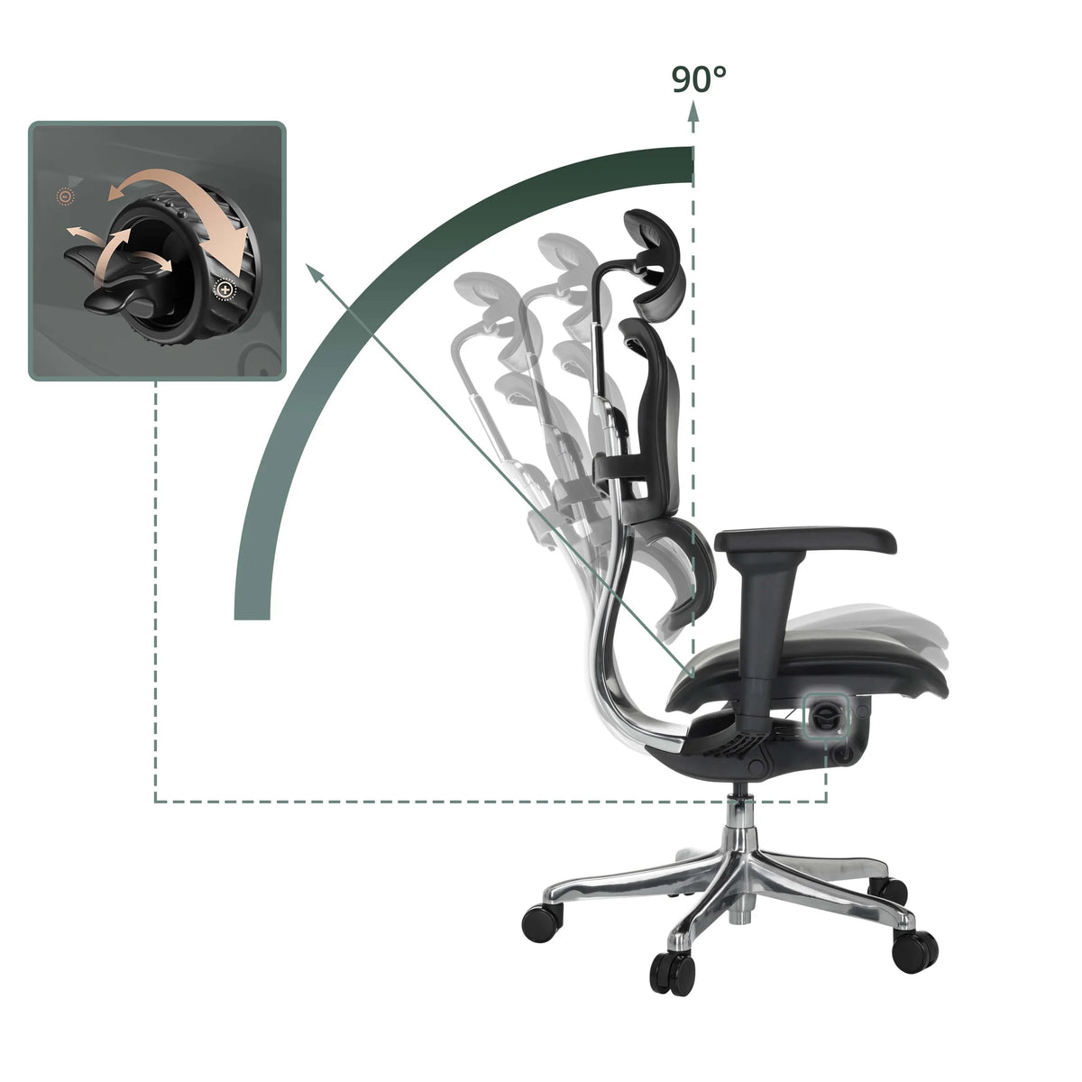 Mécanisme de réglage pour l'inclinaison à 90 degrés du dossier du Siège de direction de luxe ERGOHUMAN ULTRA L GEN2 de hjh OFFICE