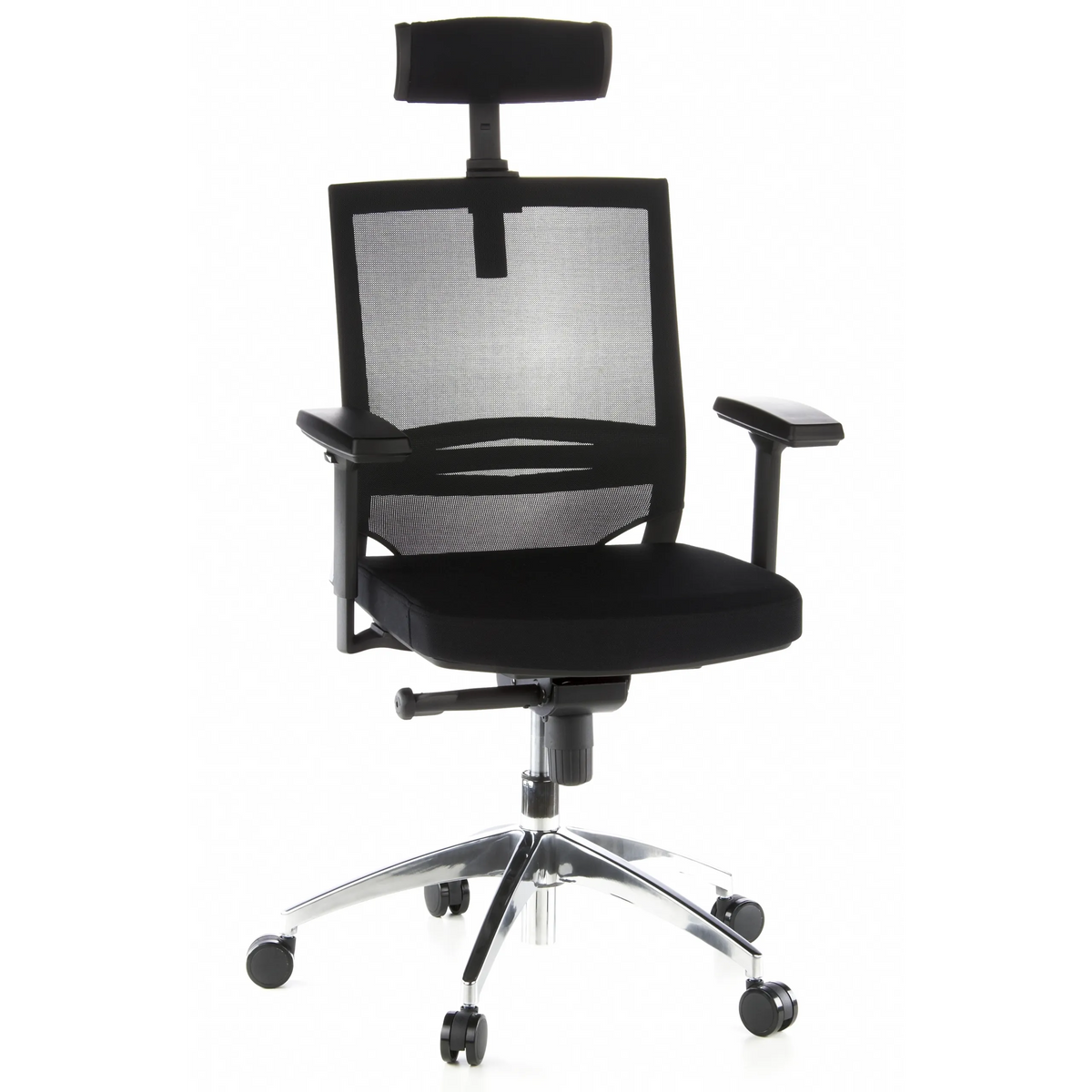 Siège de bureau de qualité professionnelle PORTO MAX noir, dossier maille, appuie-tête et base à 5 roulettes de hjh OFFICE – vue à 360° (vue de face 20°)