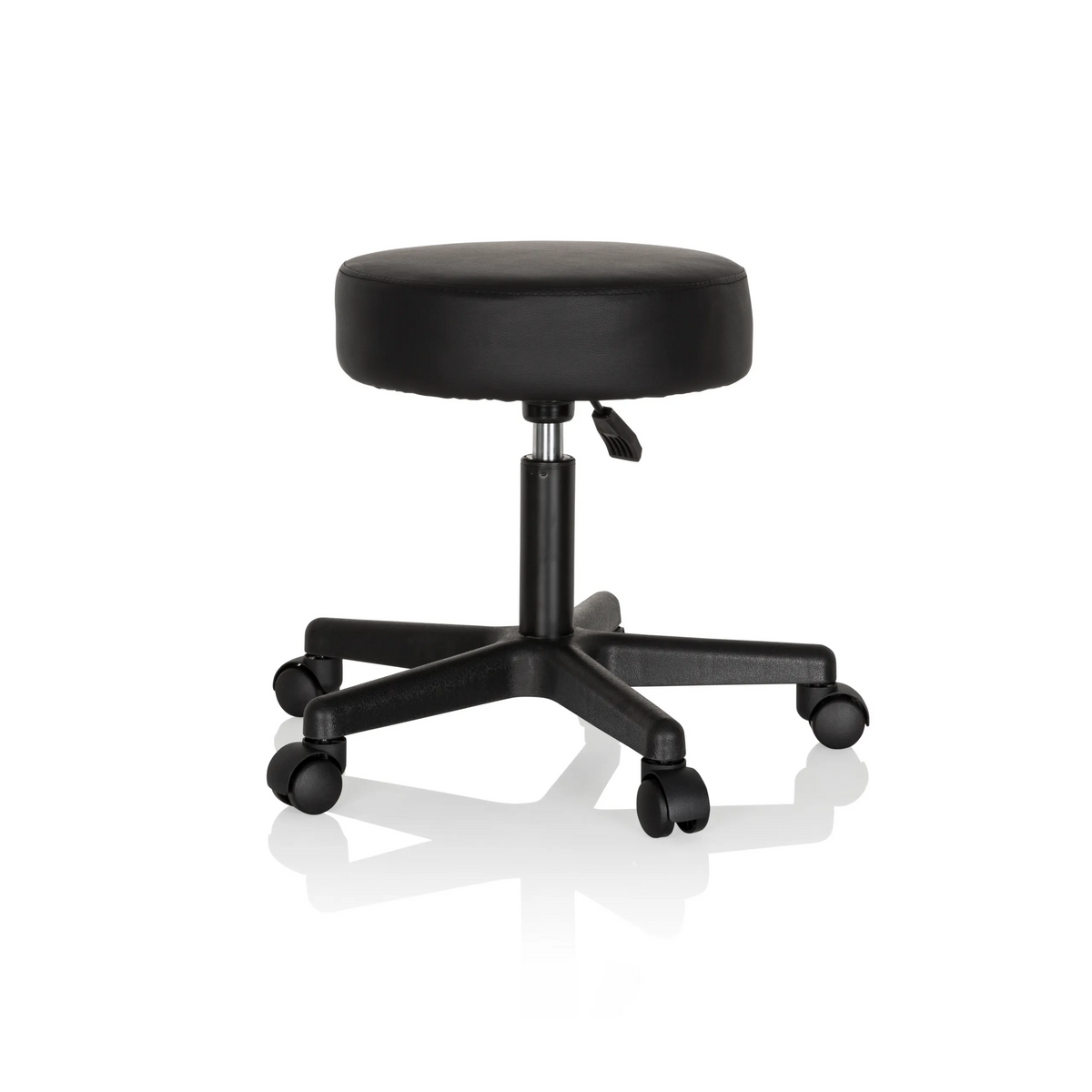 Tabouret pivotant noir OPERATOR I avec assise rembourrée et piètement à cinq roulettes de hjh OFFICE – vue à 360° (vue de trois quarts avant 60°)