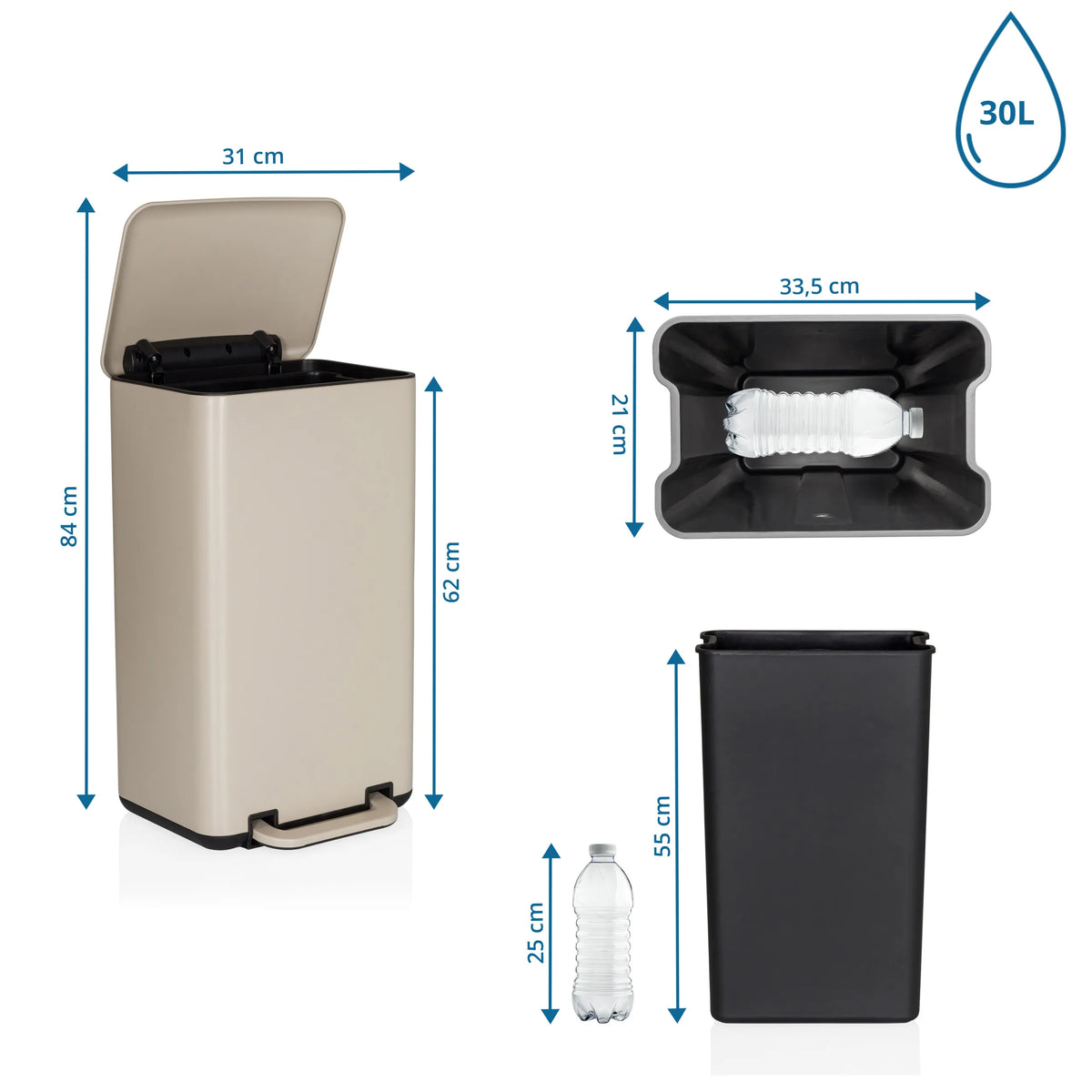 Dessin dimensionnel de la Poubelle CLEAN BEVA avec une capacité de 30 l et une hauteur de 84 cm de hjh OFFICE