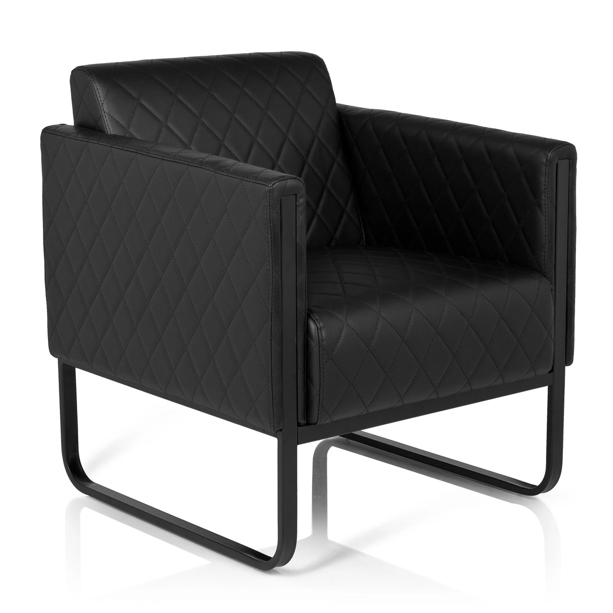 Fauteuil rembourré noir ARUBA BLACK avec surpiqûres en losange et piètement luge de hjh OFFICE – vue à 360° (vue de trois quarts avant 40°)
