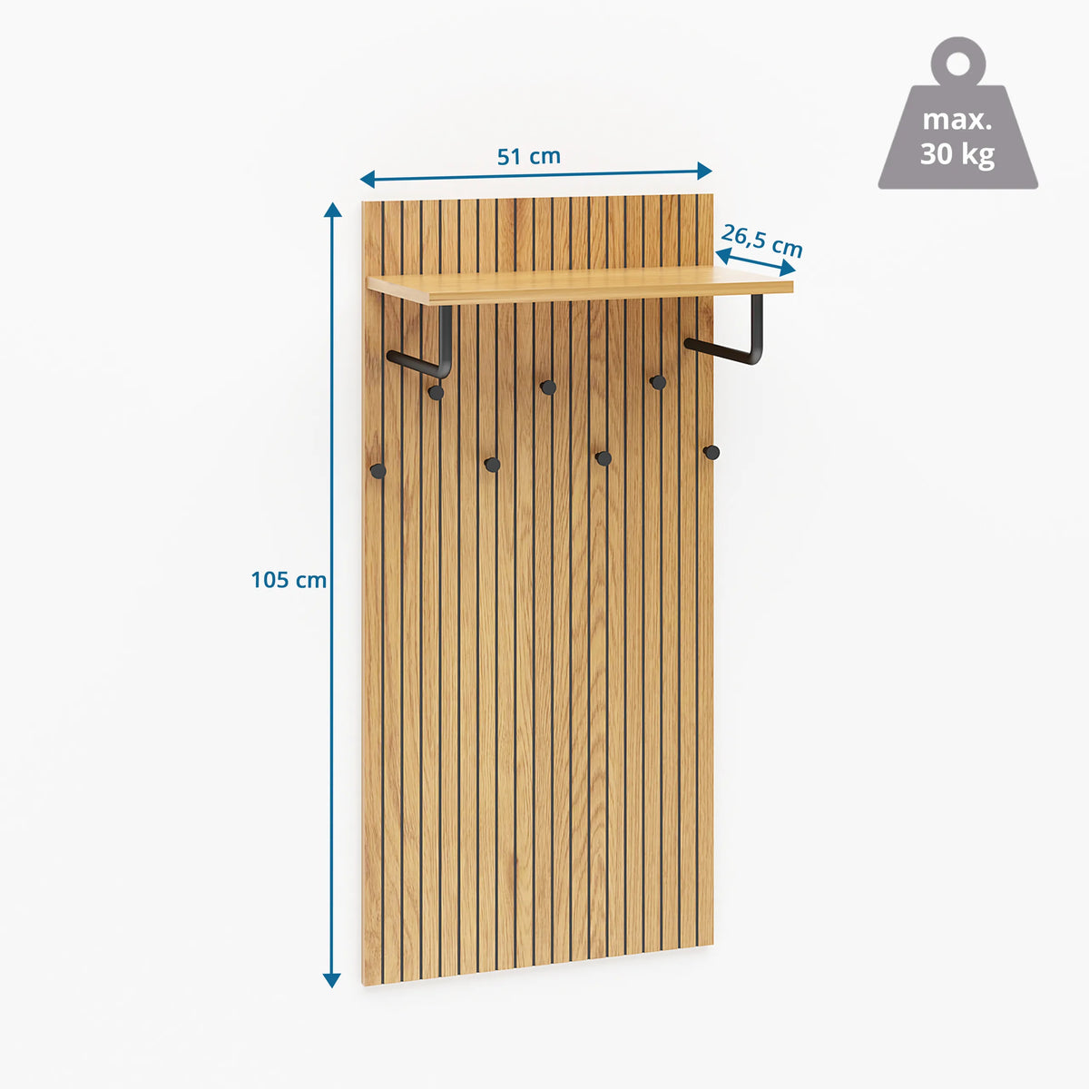 Dessin coté du Porte-manteaux mural LINNO SPACE de 105 × 51 cm avec une capacité de charge de 30 kg de hjh LIVING
