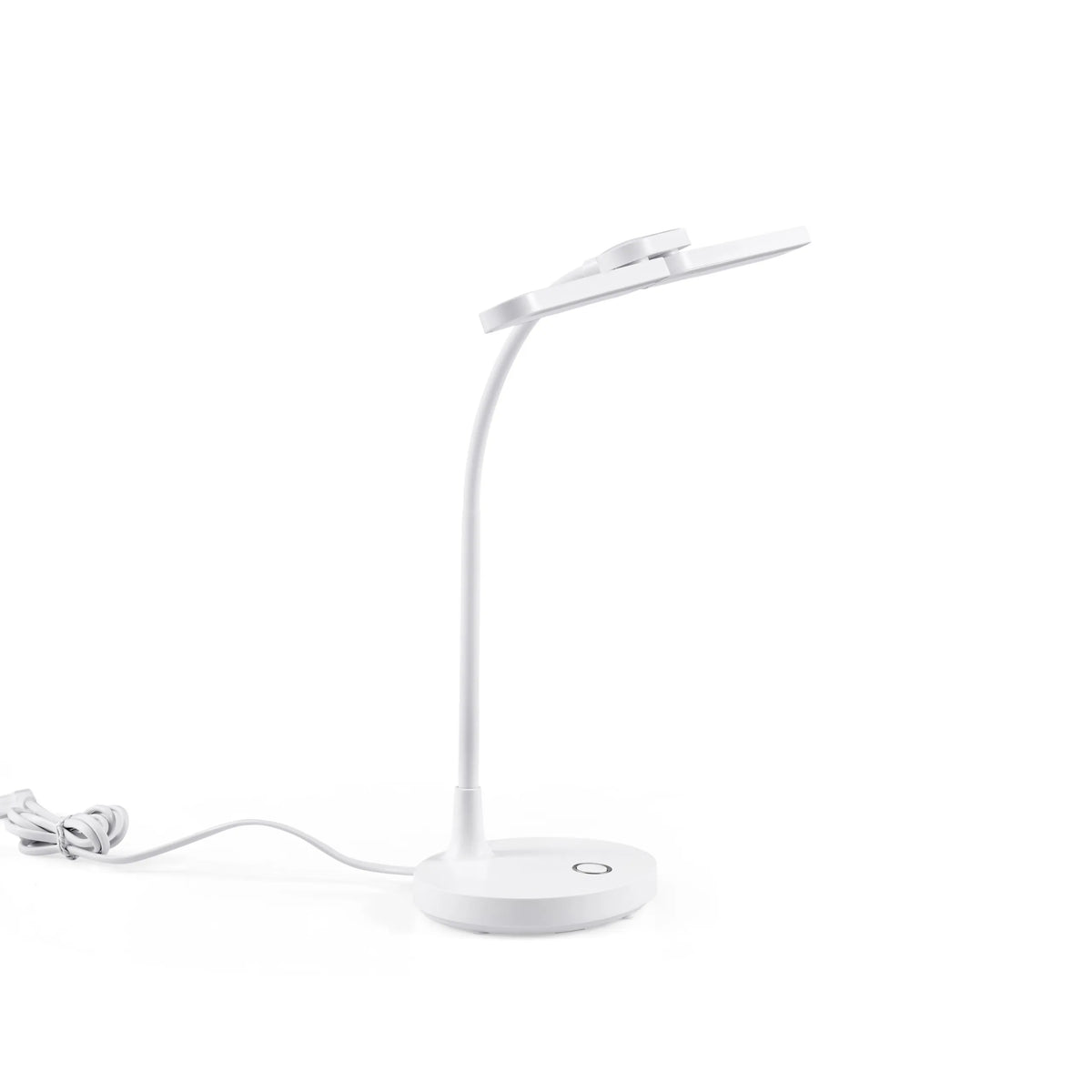 Lampe de bureau Lumanova D6 blanche avec pied rond, col flexible et tête plate de hjh OFFICE – vue à 360° (vue de trois quarts avant 30°)