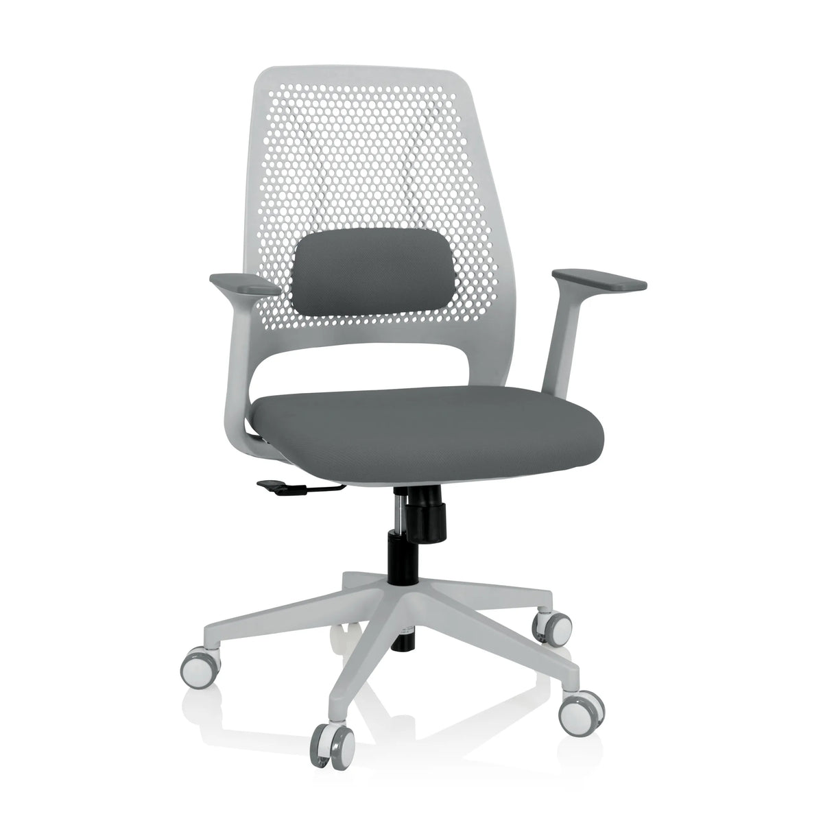 Grauer Homeoffice-Bürostuhl PARFERIO W mit Netzrücken und Fußkreuz mit fünf Rollen von hjh OFFICE – 360-Grad-Ansicht (Frontansicht 20°)