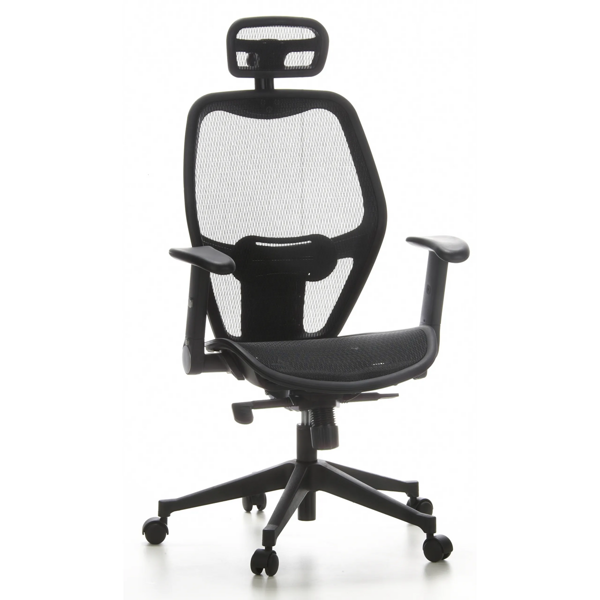 Siège de bureau de qualité professionnelle AIR-PORT noir, dossier maille, appui-tête et base à 5 roulettes de hjh OFFICE – vue à 360° (vue de face 20°)