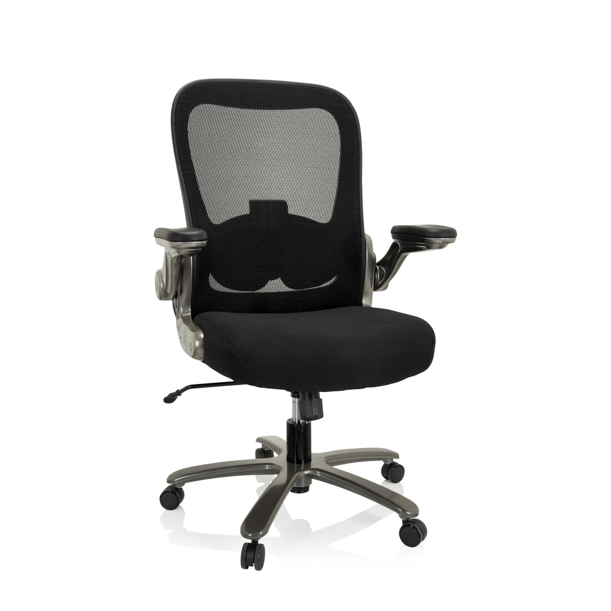 Siège pivotant XXL INSTRUCTOR T I noir avec dossier en maille, accoudoirs et base à cinq roulettes de hjh OFFICE – vue à 360° (vue de face 20°)