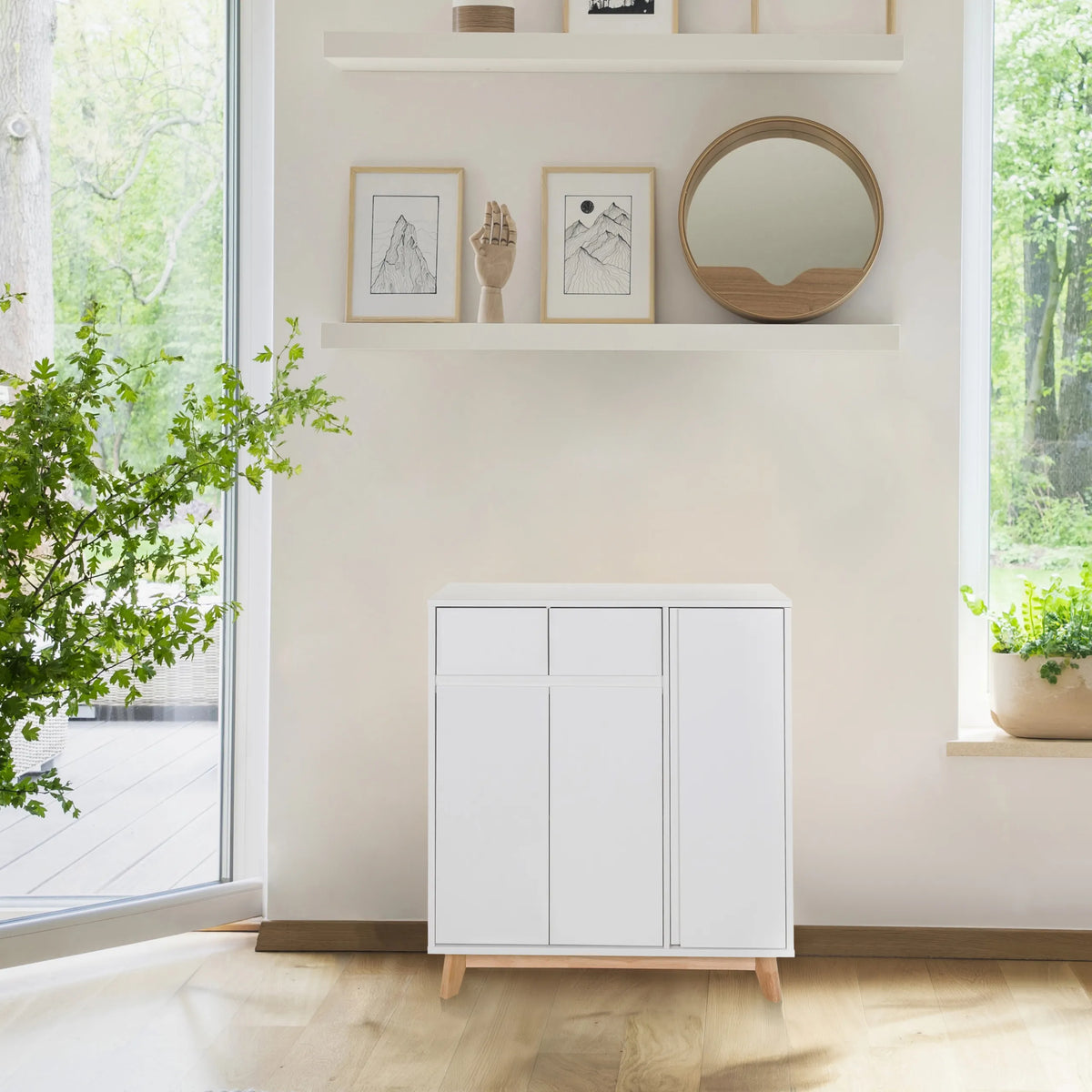 Commode blanche ESTHA avec deux tiroirs et deux portes sur pieds en bois clair de hjh LIVING