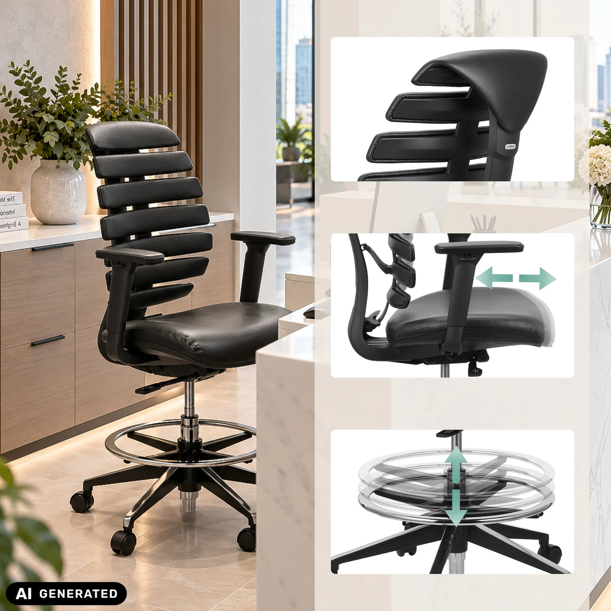 Chaise de comptoir ERGO LINE II WORK en cuir noir avec repose-pieds et accoudoirs réglables de hjh OFFICE (image générée par IA)