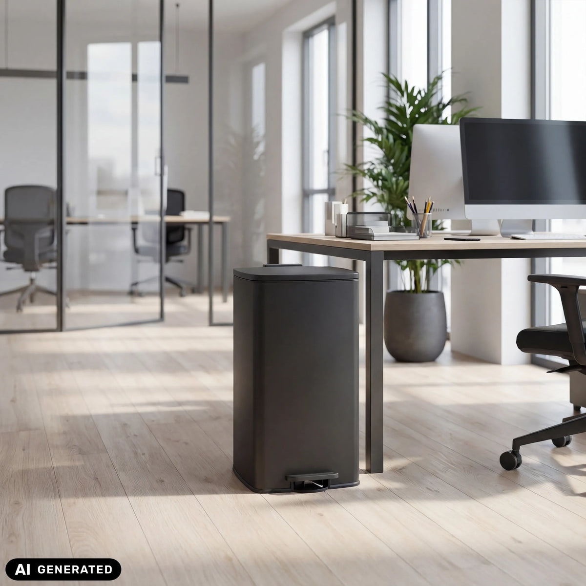 Poubelle noire Clean Step 4 d'une capacité de 60 litres dans un bureau de hjh OFFICE (image générée par IA)