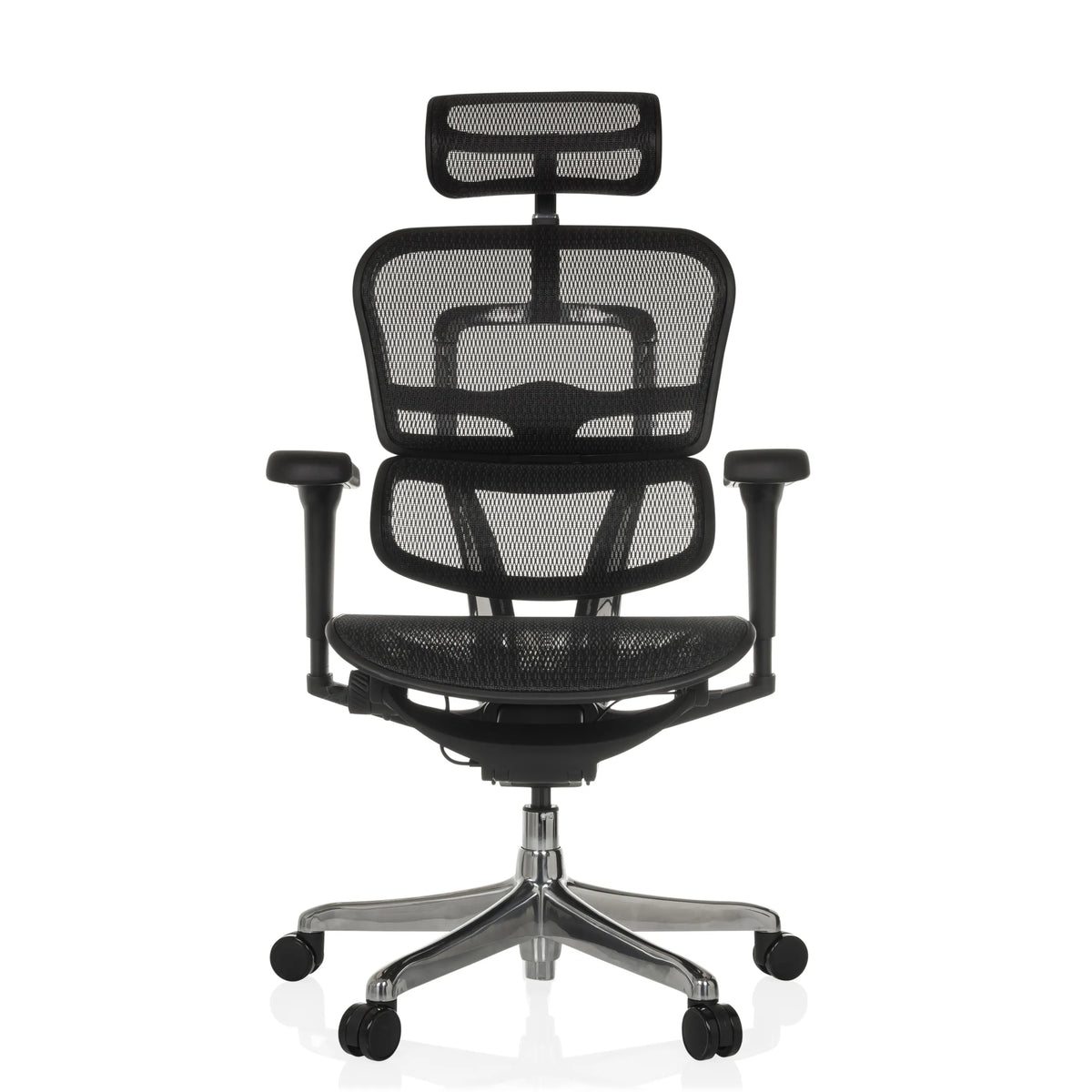 Siège de direction de luxe ERGOHUMAN ULTRA GEN2 noir avec dossier en maille, appuie-tête et pied à cinq roulettes de hjh OFFICE – vue à 360° (vue de face 0°)