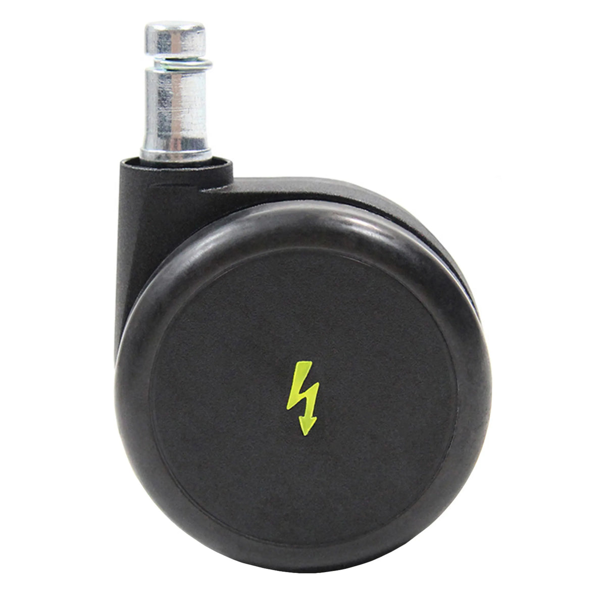 Schwarze Stuhlrolle 5x ROLO ESD 11mm/65mm für Hartböden mit Metallstift und gelbem Blitz-Symbol von hjh OFFICE