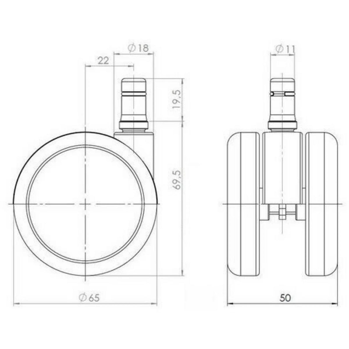 Dessin technique des Roulettes 5x ROLO 11mm/65mm d'un diamètre de 65 mm de hjh OFFICE