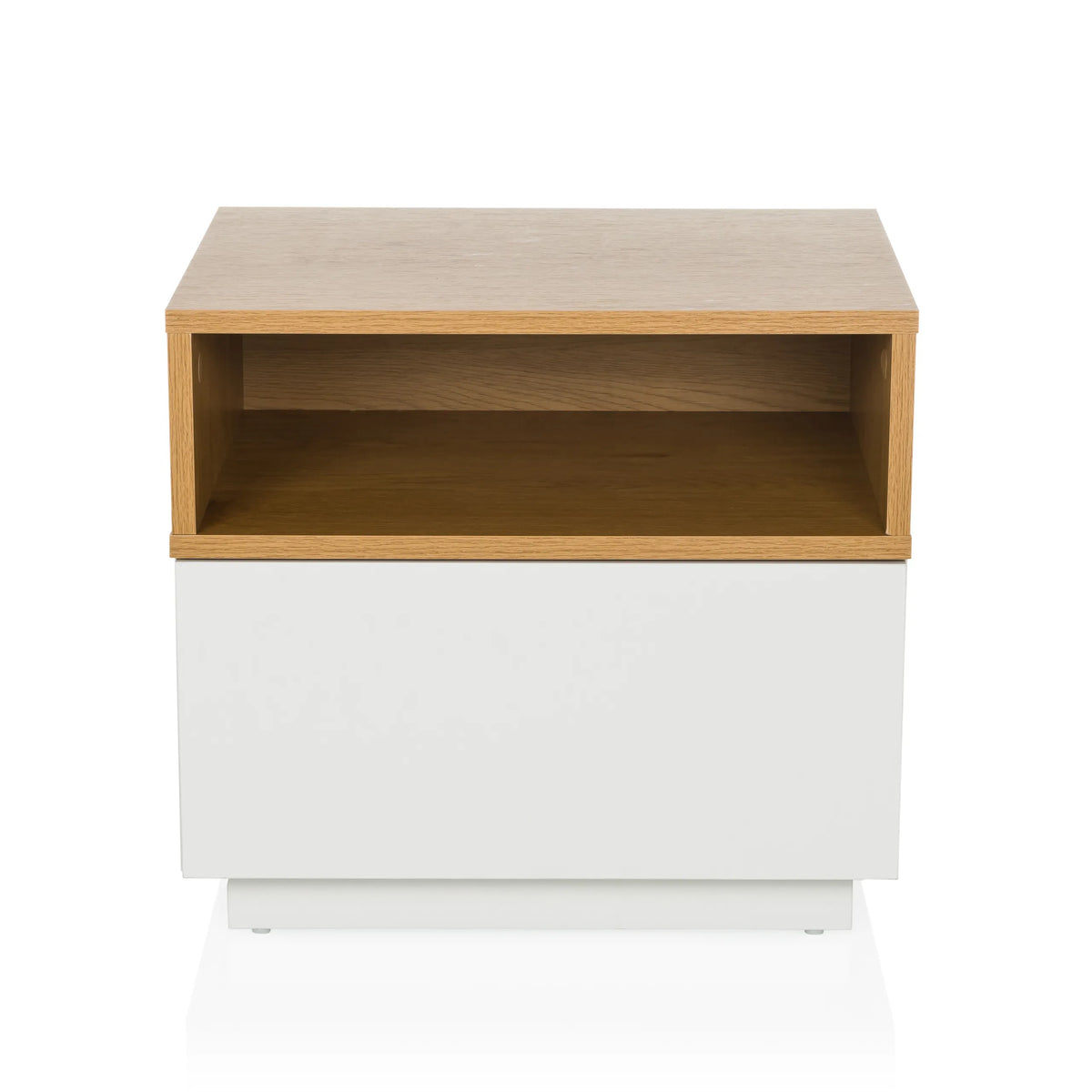 Table d'appoint MELMO blanche avec une étagère effet chêne de hjh LIVING – vue à 360° (vue de face 0°)