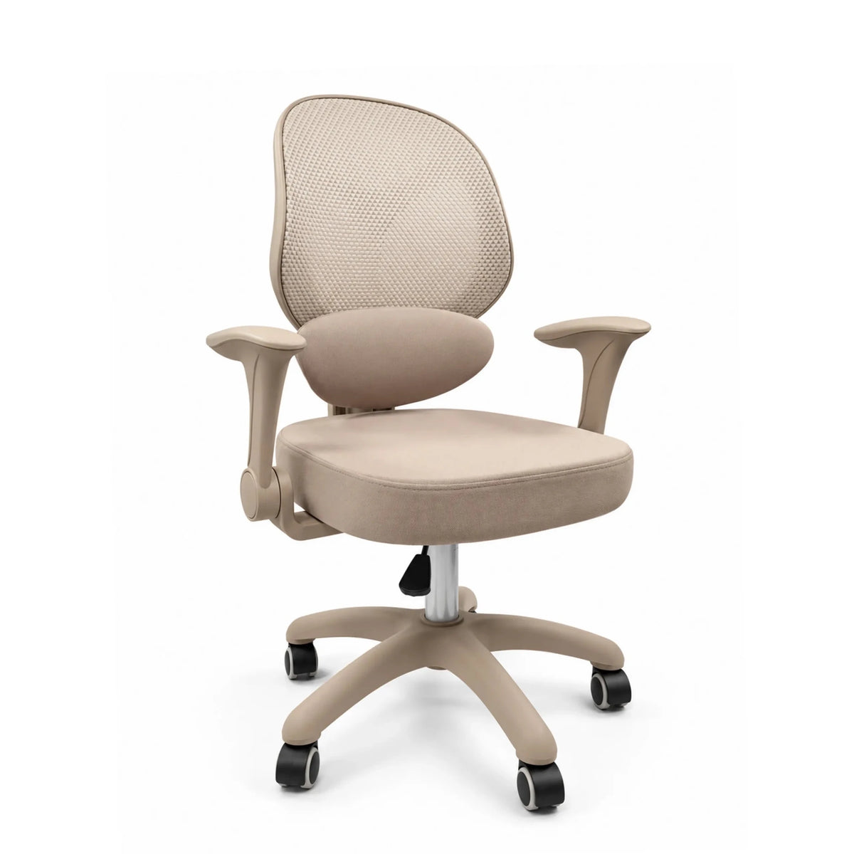 Chaise pivotante pour des enfants Ergomy Kid beige avec dossier en maille, accoudoirs et piètement à cinq branches à roulettes de hjh OFFICE