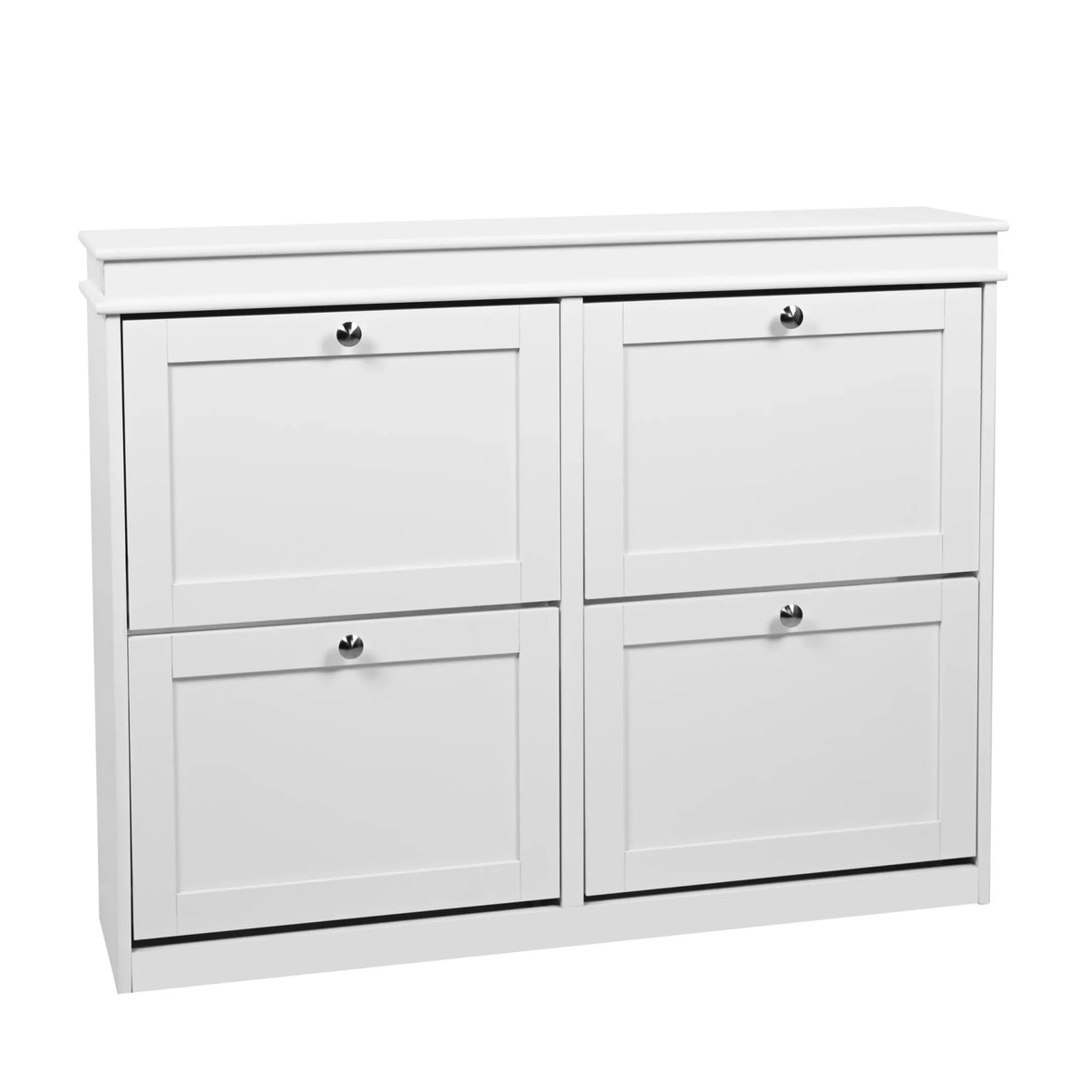Armoire à chaussures blanche Estha 40 avec quatre compartiments abattants et poignées argentées de hjh LIVING