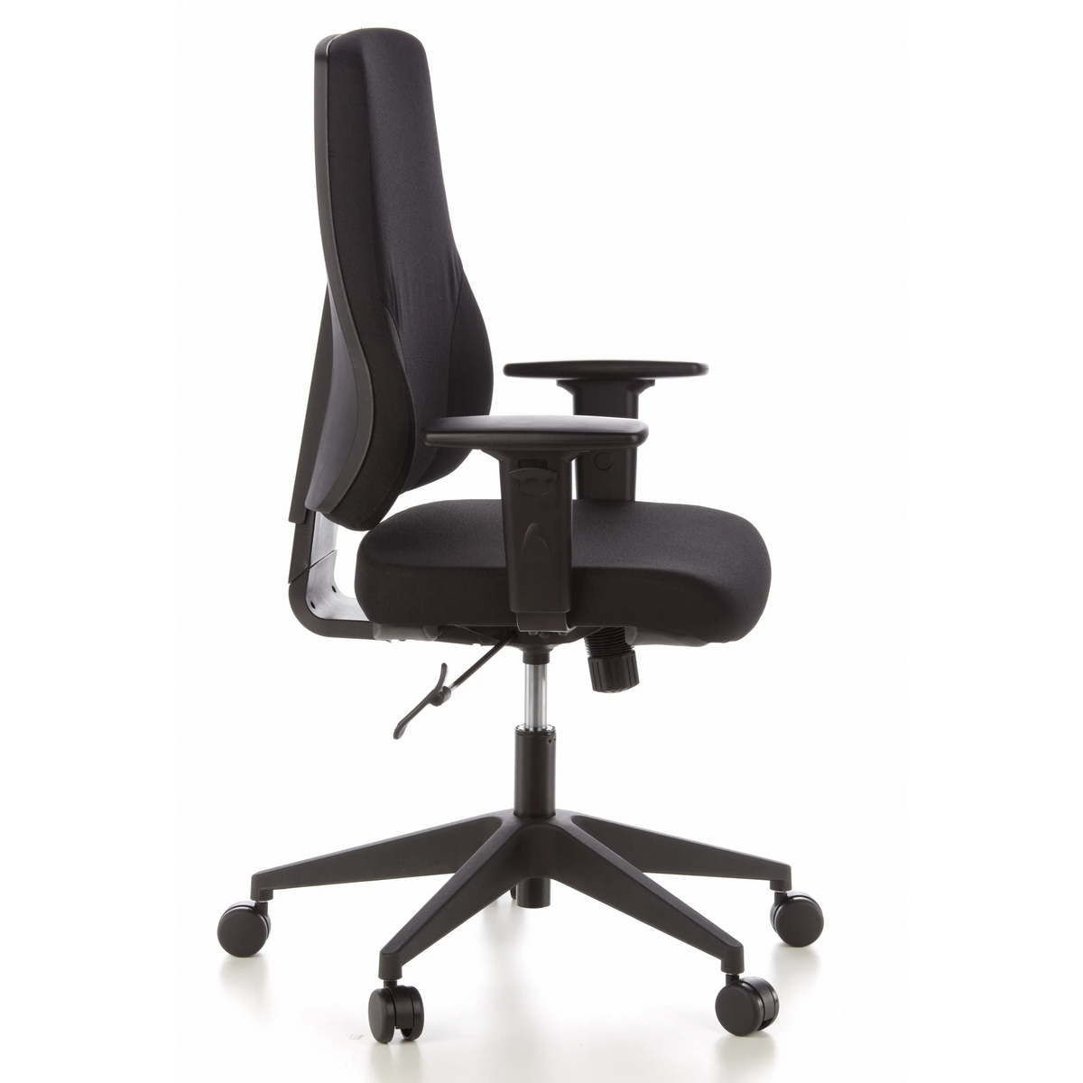 Siège de bureau de qualité professionnelle PRO-TEC 100 noir avec accoudoirs et base à cinq roulettes de hjh OFFICE – vue à 360° (vue de profil 80°)