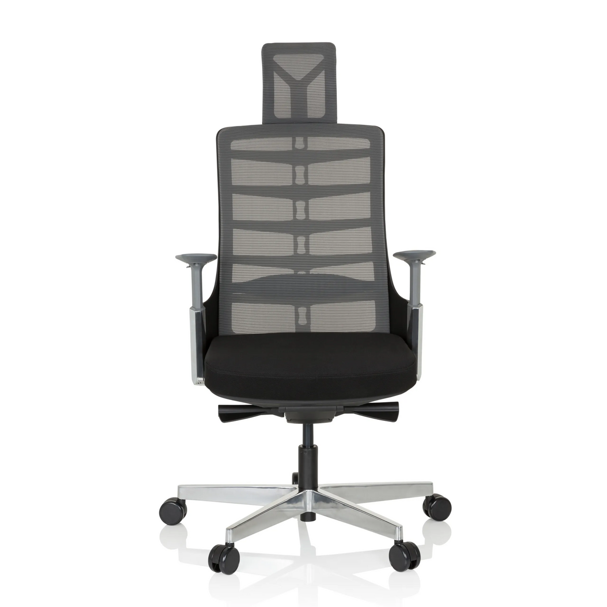 Siège de bureau haut de gamme SKARIF noir et gris avec dossier en maille et piètement à cinq roulettes de hjh OFFICE – vue à 360° (vue de face 0°)