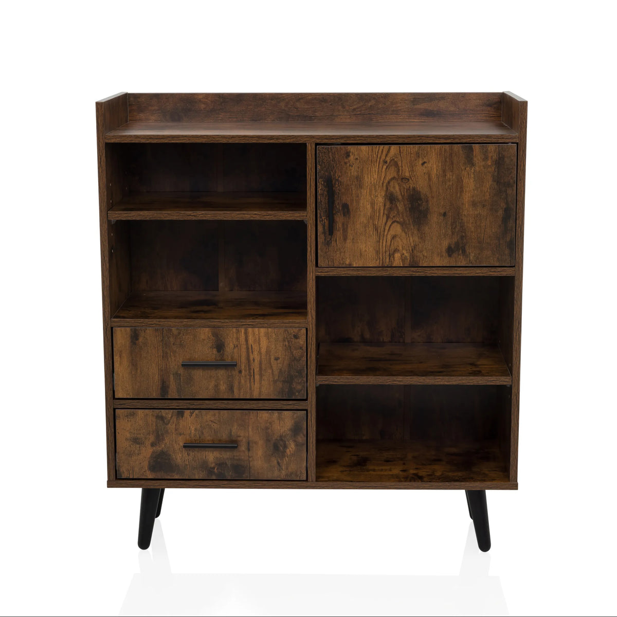 Commode marron MYRDAL avec niches ouvertes, deux tiroirs et pieds noirs de hjh LIVING – vue à 360° (vue de face 0°)