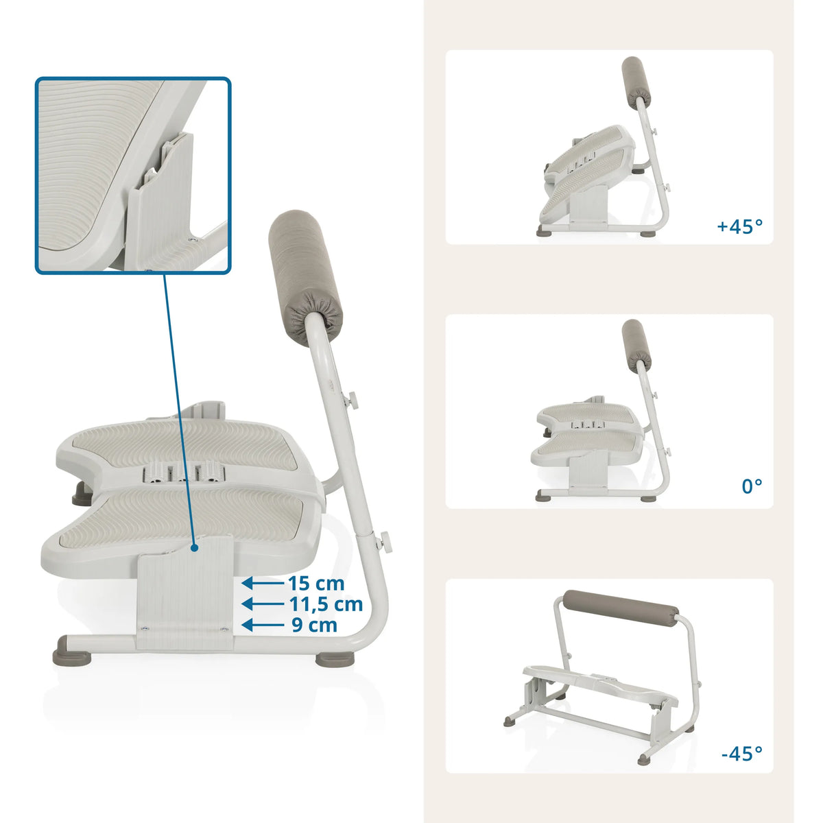 Réglage de la hauteur et de l'angle d'inclinaison du Repose-pieds PODI FMW en gris clair avec des dimensions de 9 à 15 cm de hjh OFFICE