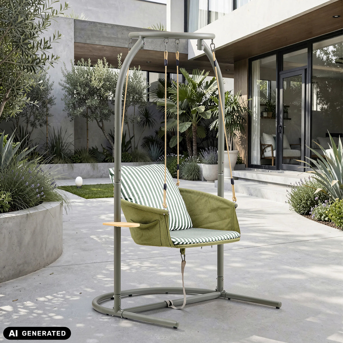 Fauteuil suspendu Skylo en vert et beige avec rembourrage rayé et structure en métal de hjh LIVING (image générée par IA)