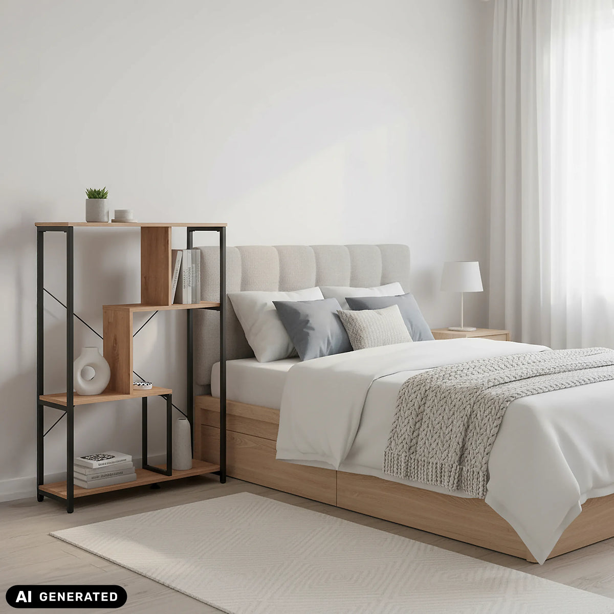 Étagère Kalag Eco en noir et chêne à côté d'un lit de hjh LIVING (image générée par IA)