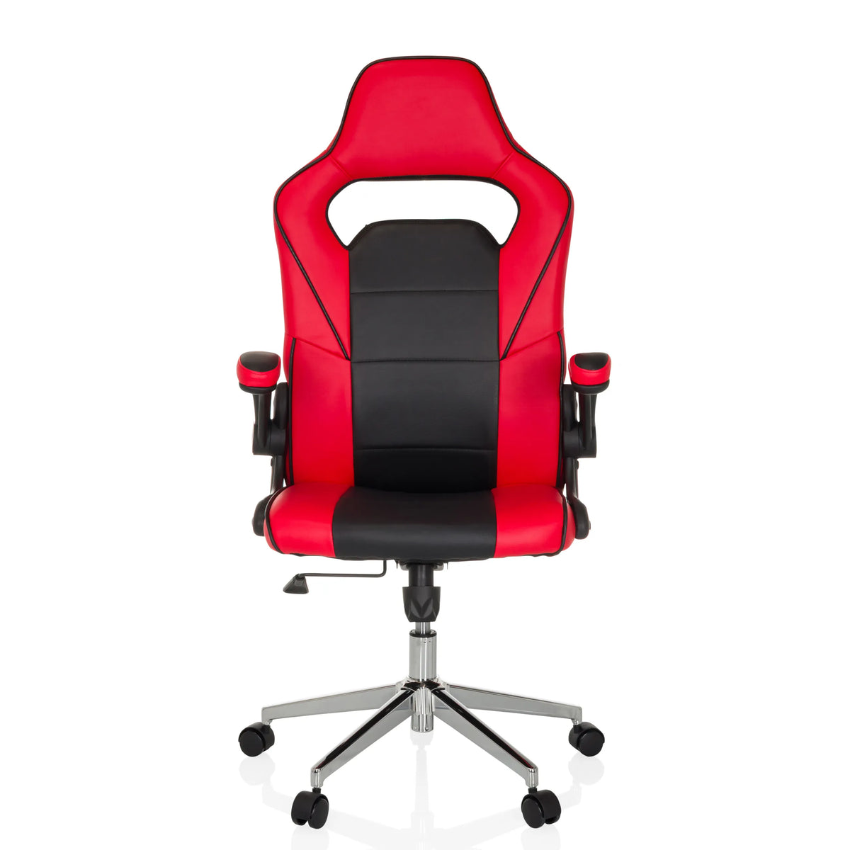 Fauteuil Gamer GAME SPORT PRO rouge et noir avec accoudoirs et base à cinq roulettes de MyBuero – vue à 360° (vue de face 0°)