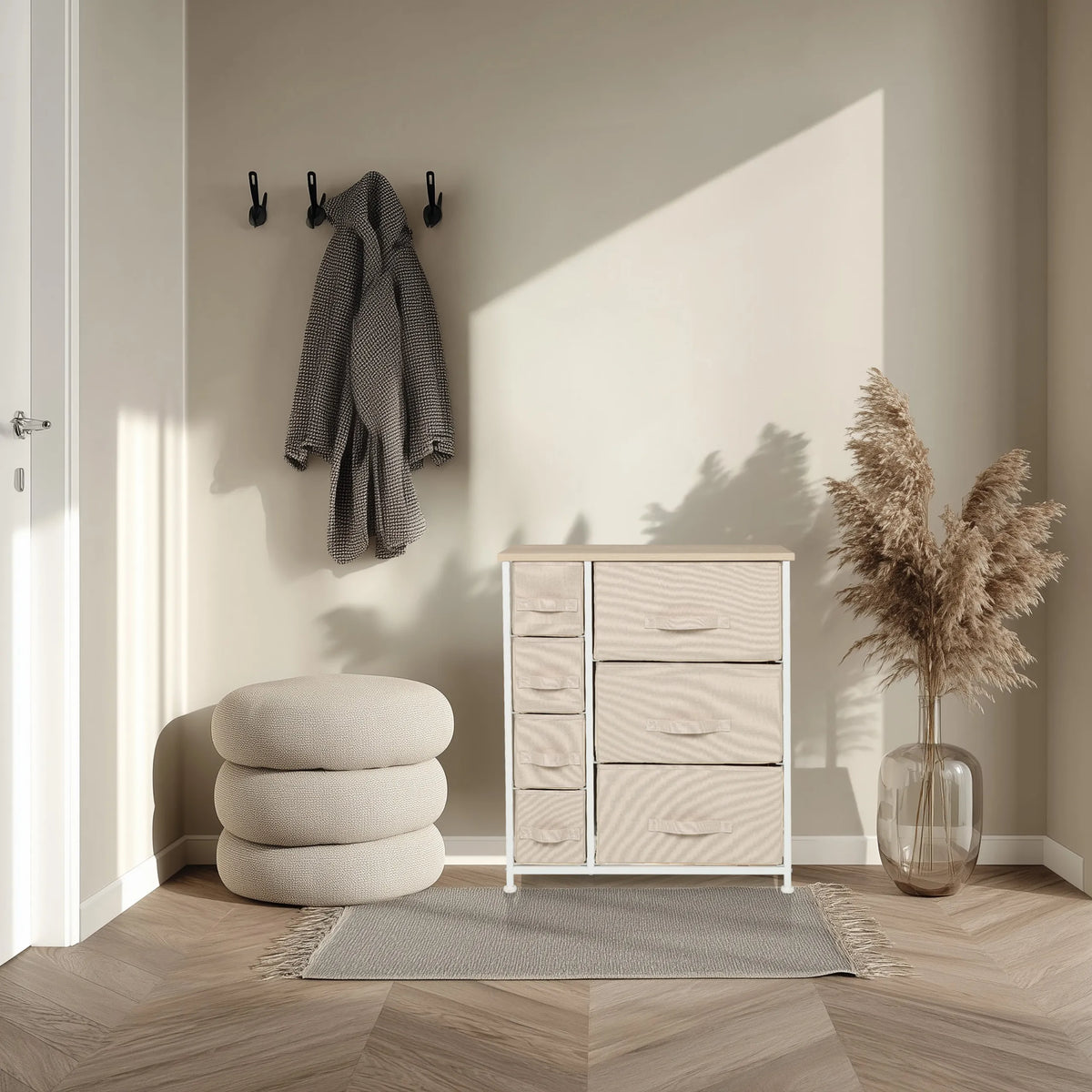 Commode FOLDRESS B en beige avec plusieurs tiroirs en tissu et structure blanche de hjh LIVING