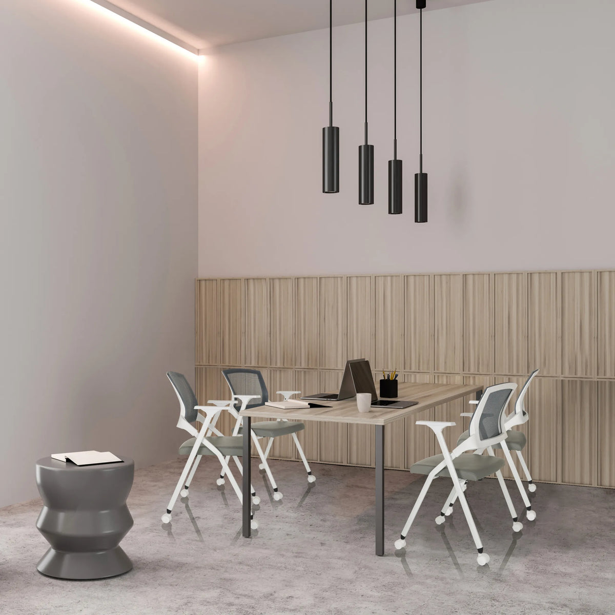 Chaises pliantes PRIORITY II W PU grises à une table de réunion dans une pièce au design moderne de hjh OFFICE