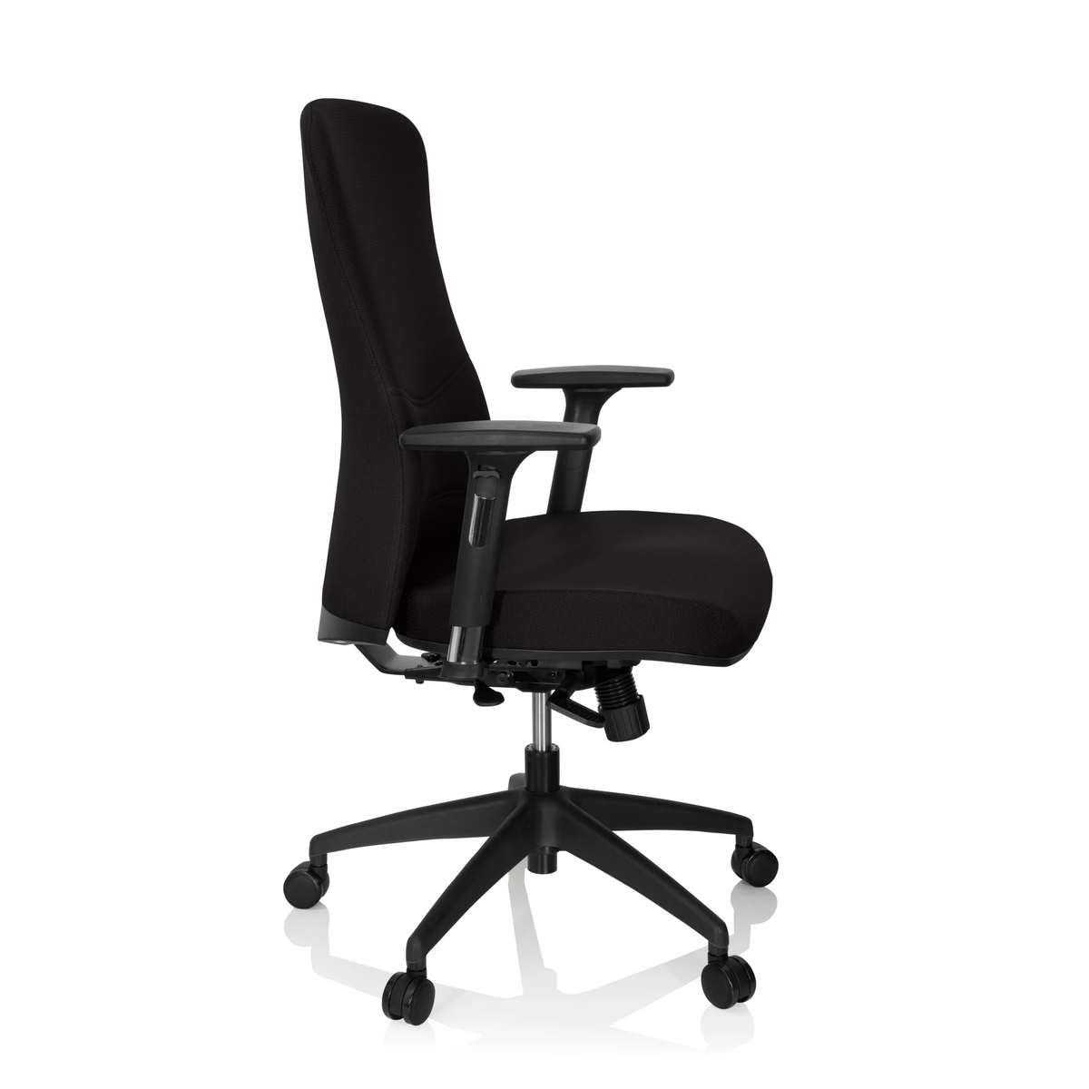 Siège de bureau de qualité professionnelle OFFICE XT PRO noir avec accoudoirs et base à cinq roulettes de hjh OFFICE – vue à 360° (vue de profil 80°)