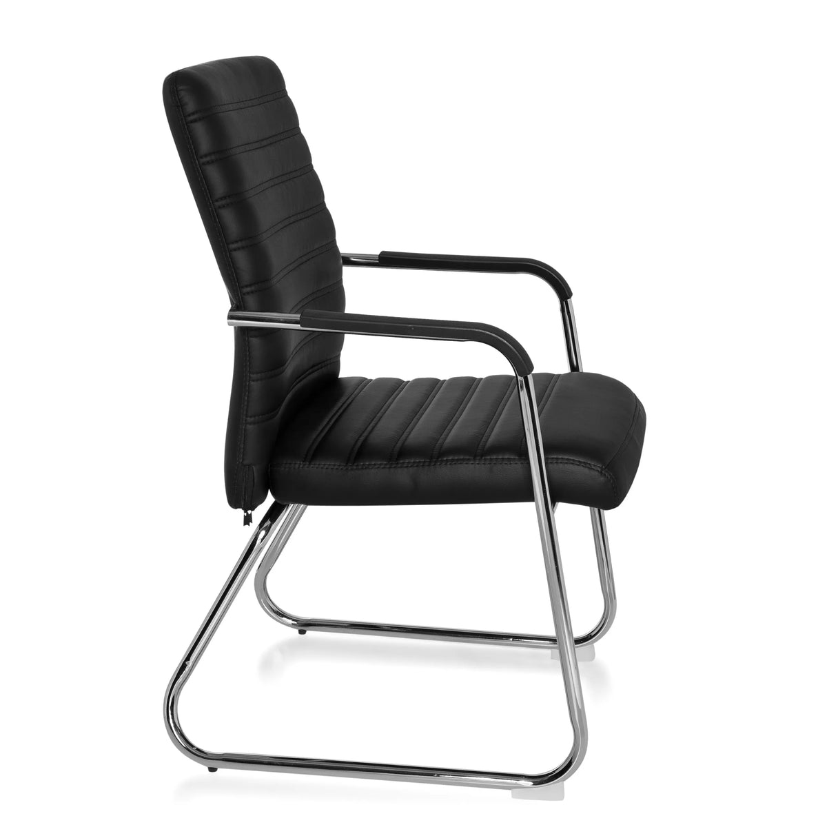 Siège visiteur noir STEEL V avec surpiqûres transversales et piètement luge de hjh OFFICE – vue à 360° (vue de profil 80°)