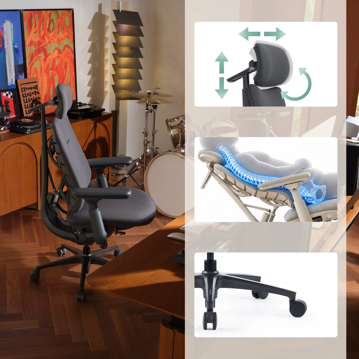 Chaise de bureau LiberNovo Maxis Elektric en graphite avec appui-tête réglable et pied à roulettes de Libernovo
