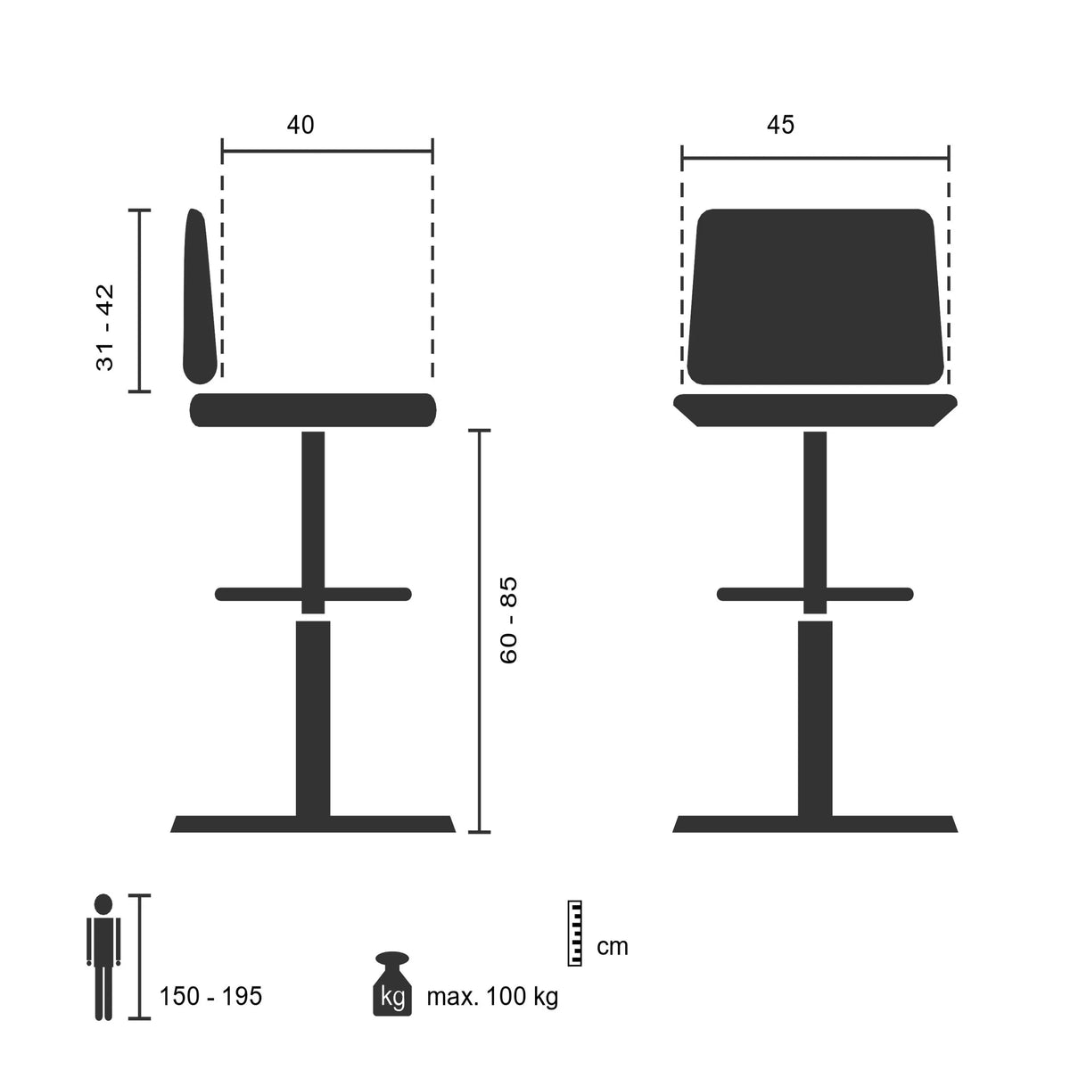 Dessin technique de la Chaise de comptoir TOP WORK 23 I avec une hauteur d'assise de 60 à 85 cm de hjh OFFICE