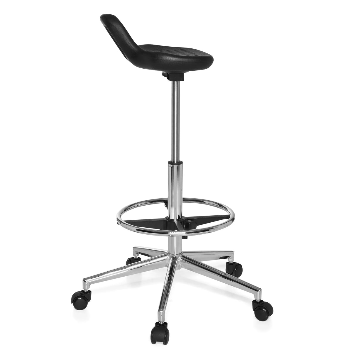 Tabouret pivotant noir TOP WORK 03 avec repose-pieds et base à cinq roulettes de hjh OFFICE – vue à 360° (vue de profil 100°)