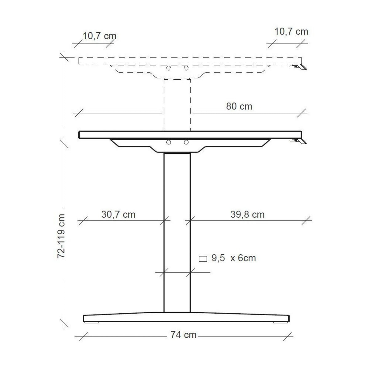 Dessin dimensionnel du bureau réglable en hauteur XMKA 12 S avec une hauteur de 72-119 cm de hjh OFFICE PRO