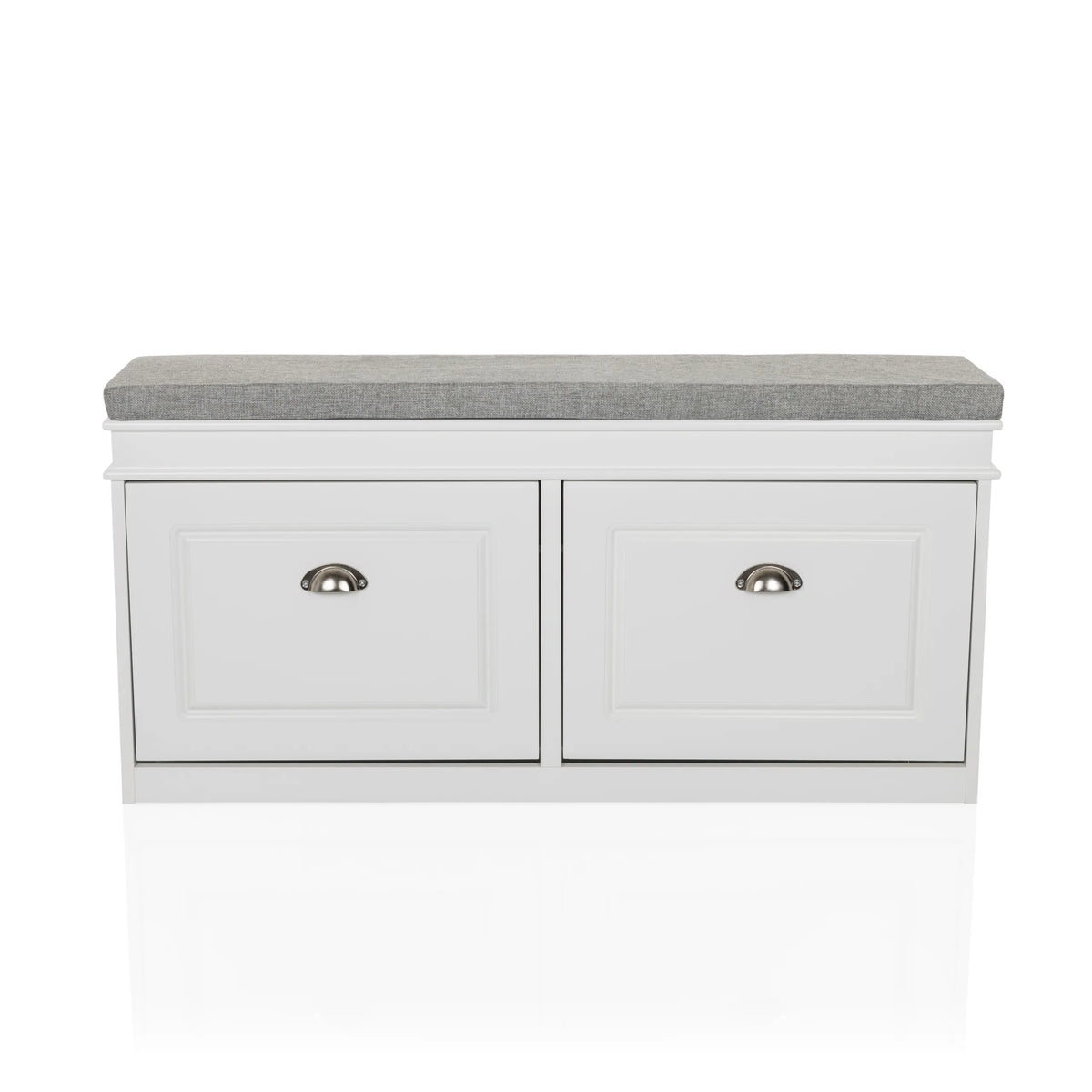 Armoire à chaussures ESTHA I blanche avec assise grise et deux tiroirs de hjh LIVING – vue à 360° (vue de face 0°)