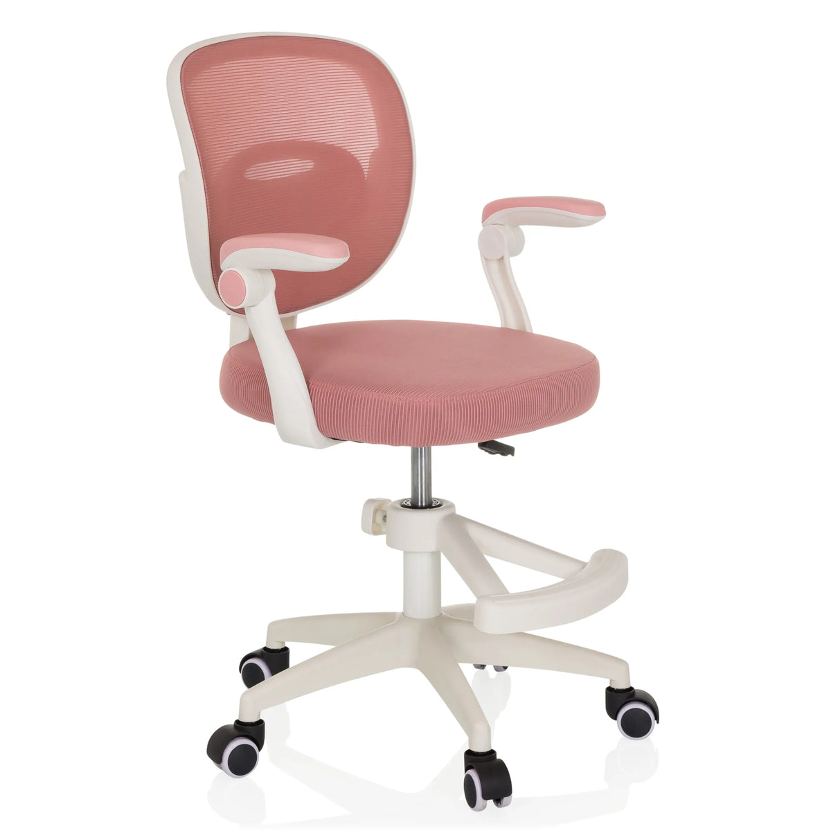 Chaise pivotante pour des enfants KIDDY SMART rose avec dossier en maille et base à cinq roulettes de hjh OFFICE – vue à 360° (vue de trois quarts avant 45°)