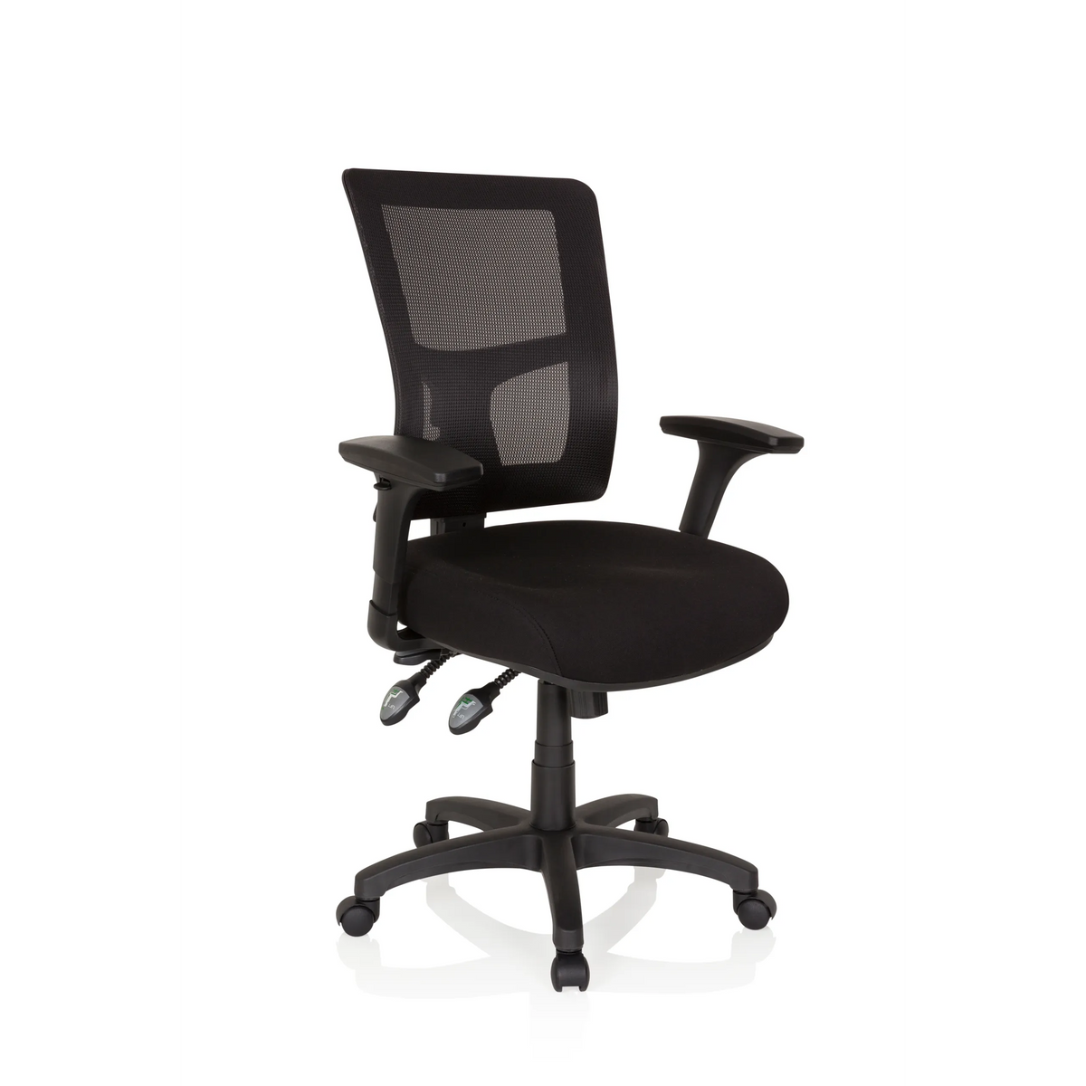 Siège de direction de qualité professionnelle IMPACT PRO noir avec dossier en maille et base à cinq roulettes de hjh OFFICE – vue à 360° (vue de trois quarts avant 40°)
