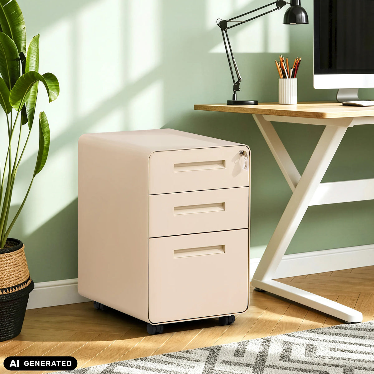 Caisson sur roulettes COLOR PLUS I beige en métal avec trois tiroirs et roulettes de hjh OFFICE (image générée par IA)