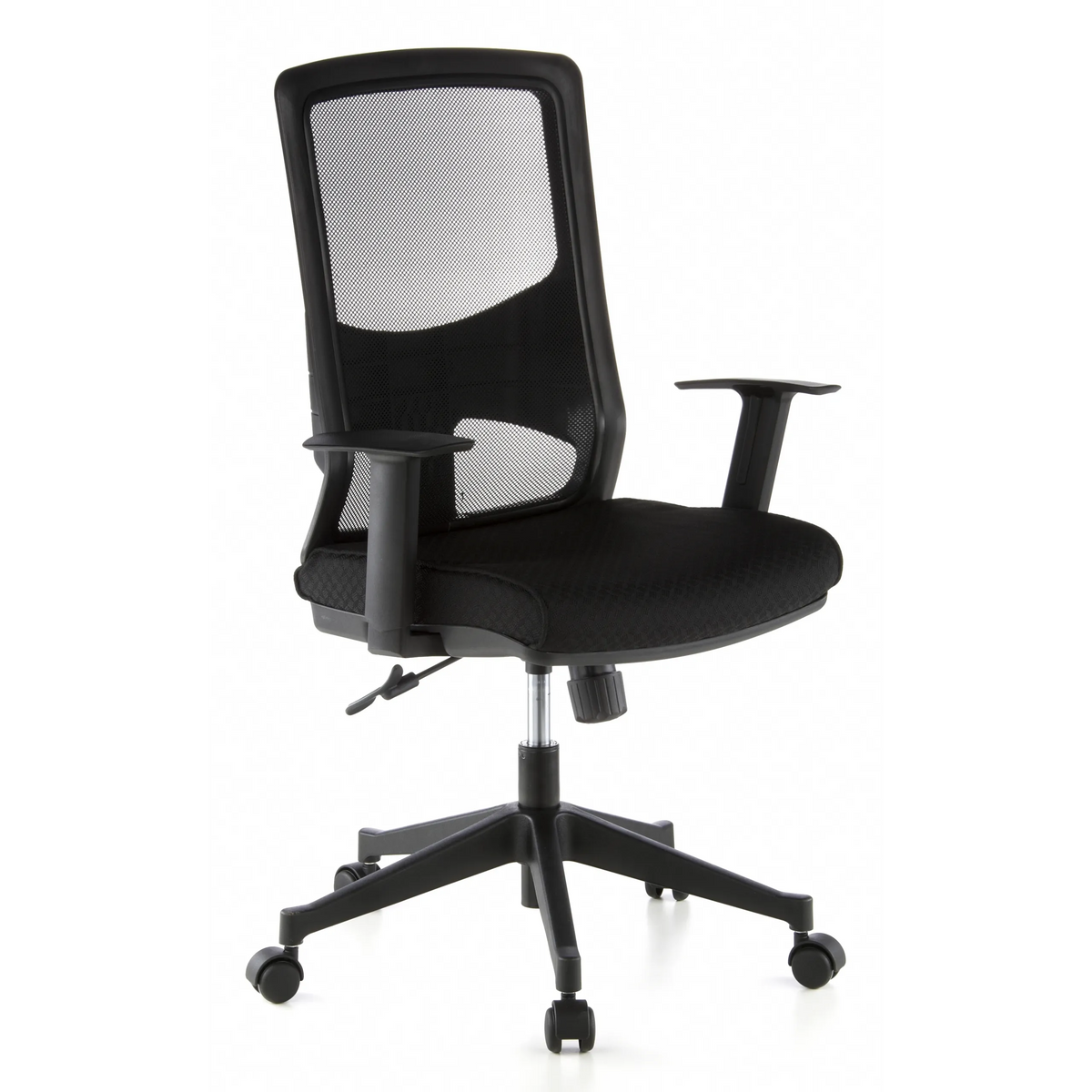 Siège de bureau de qualité professionnelle LAVITA noir avec dossier en maille et base à cinq roulettes de hjh OFFICE – vue à 360° (vue de trois quarts avant 40°)