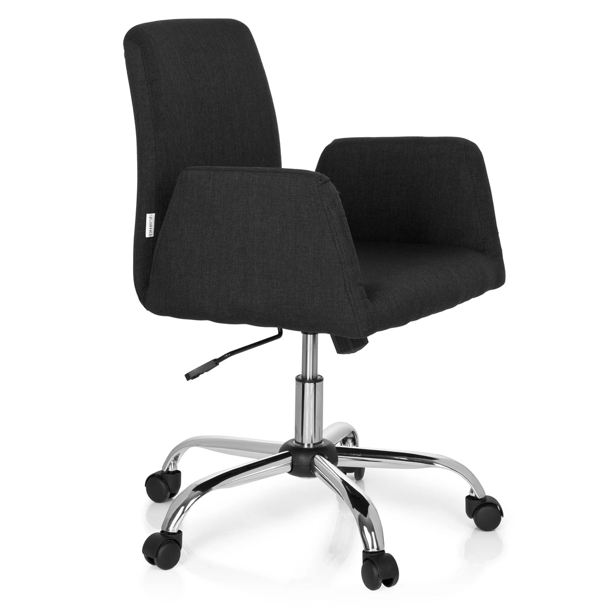 Siège de bureau à domicile FLOW noir avec accoudoirs et pied à cinq roulettes brillant de hjh OFFICE – vue à 360° (vue de trois quarts avant 60°)
