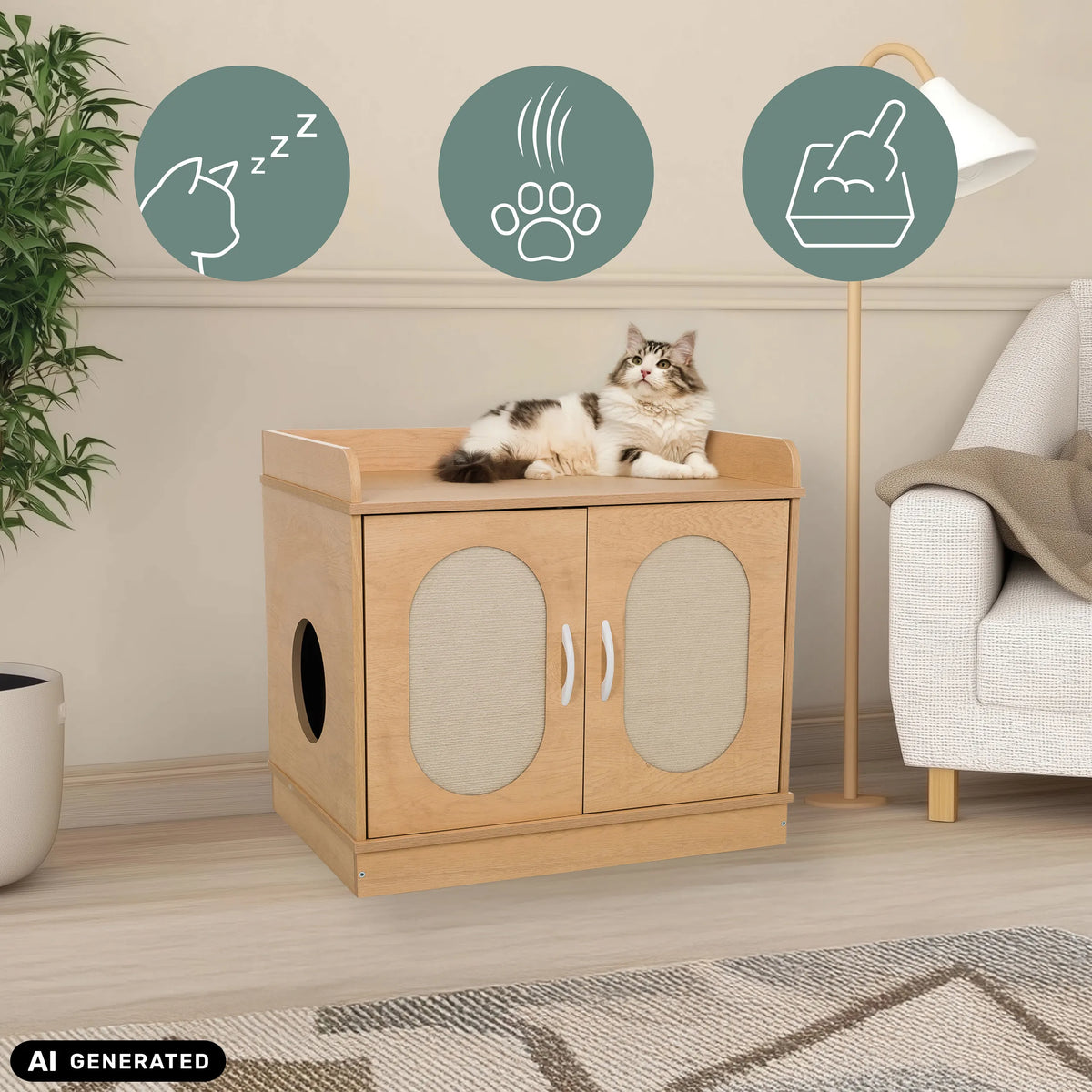 Maison pour chat KITTYHOME 2 effet hêtre avec deux portes et une entrée circulaire de hjh LIVING (image générée par IA)