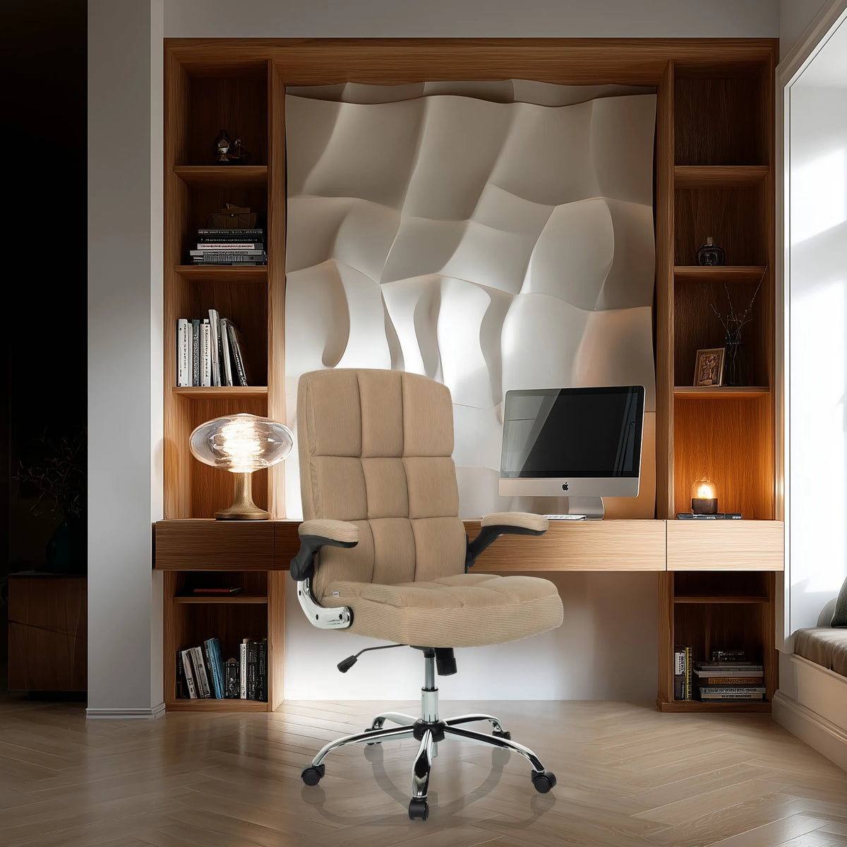 Siège de direction pour bureau à domicile RELAX WD 100 avec revêtement en velours côtelé beige et pied en étoile chromé de MyBuero